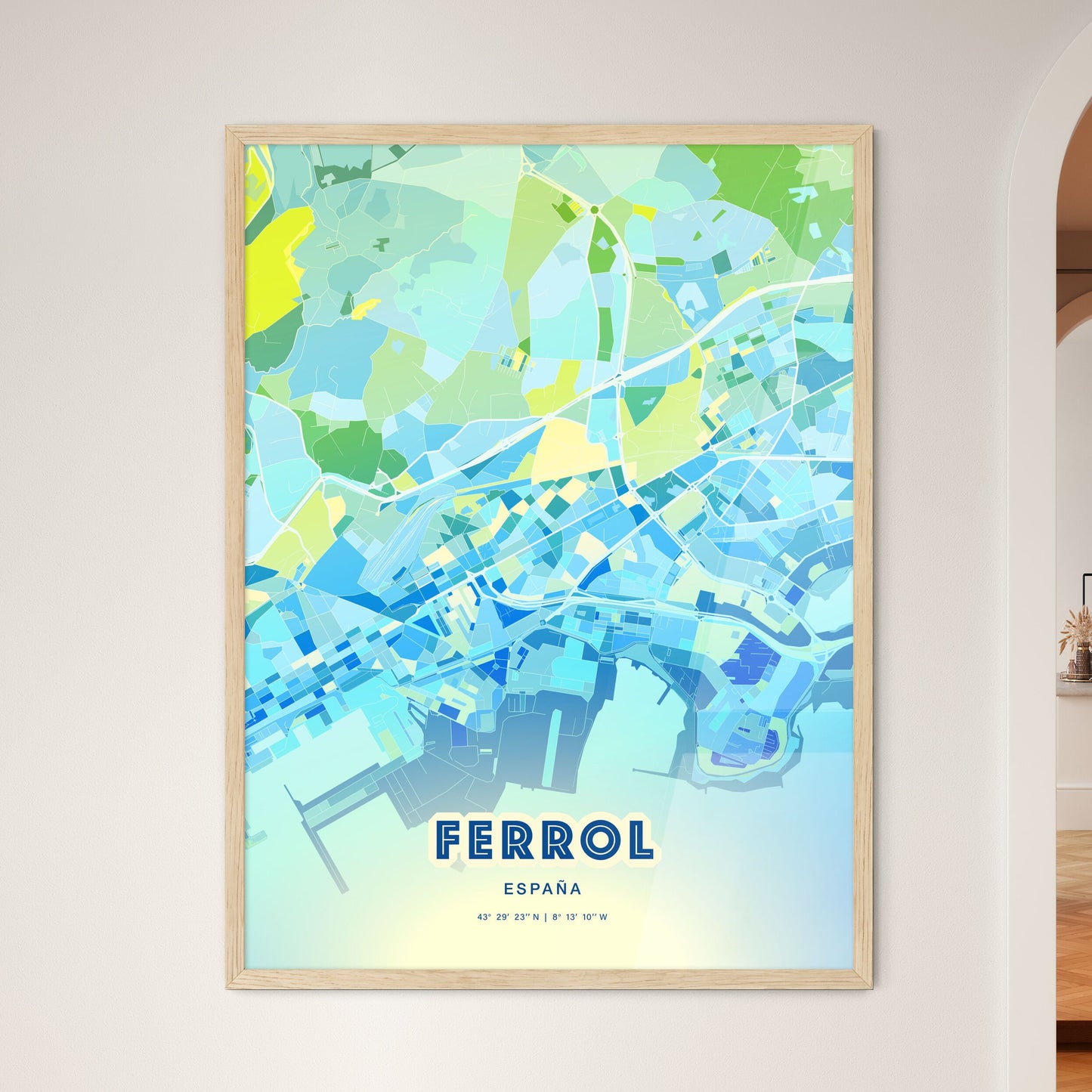 Colorful FERROL SPAIN Fine Art Map Cool Blue