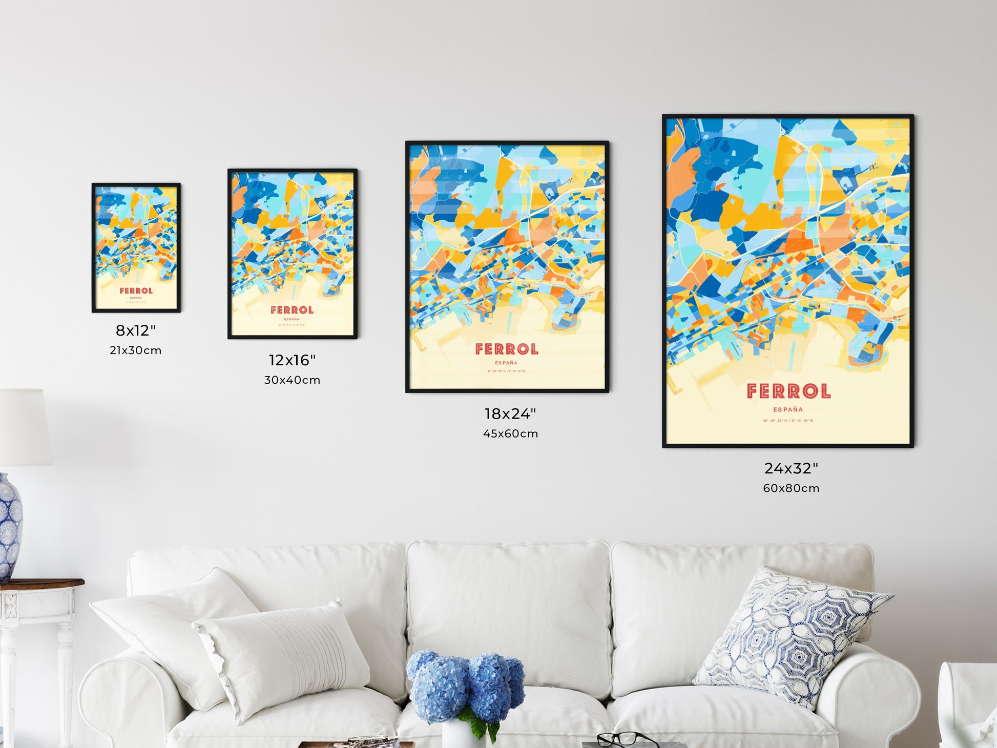 Colorful FERROL SPAIN Fine Art Map Blue Orange