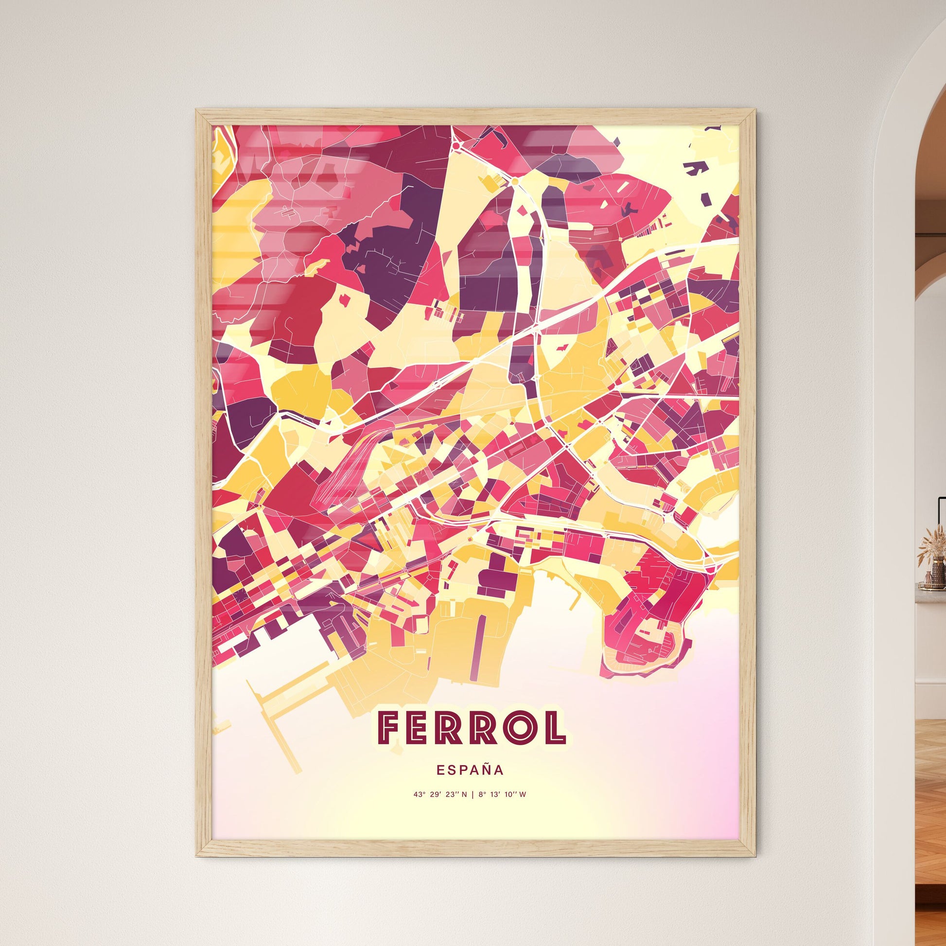 Colorful FERROL SPAIN Fine Art Map Hot Red