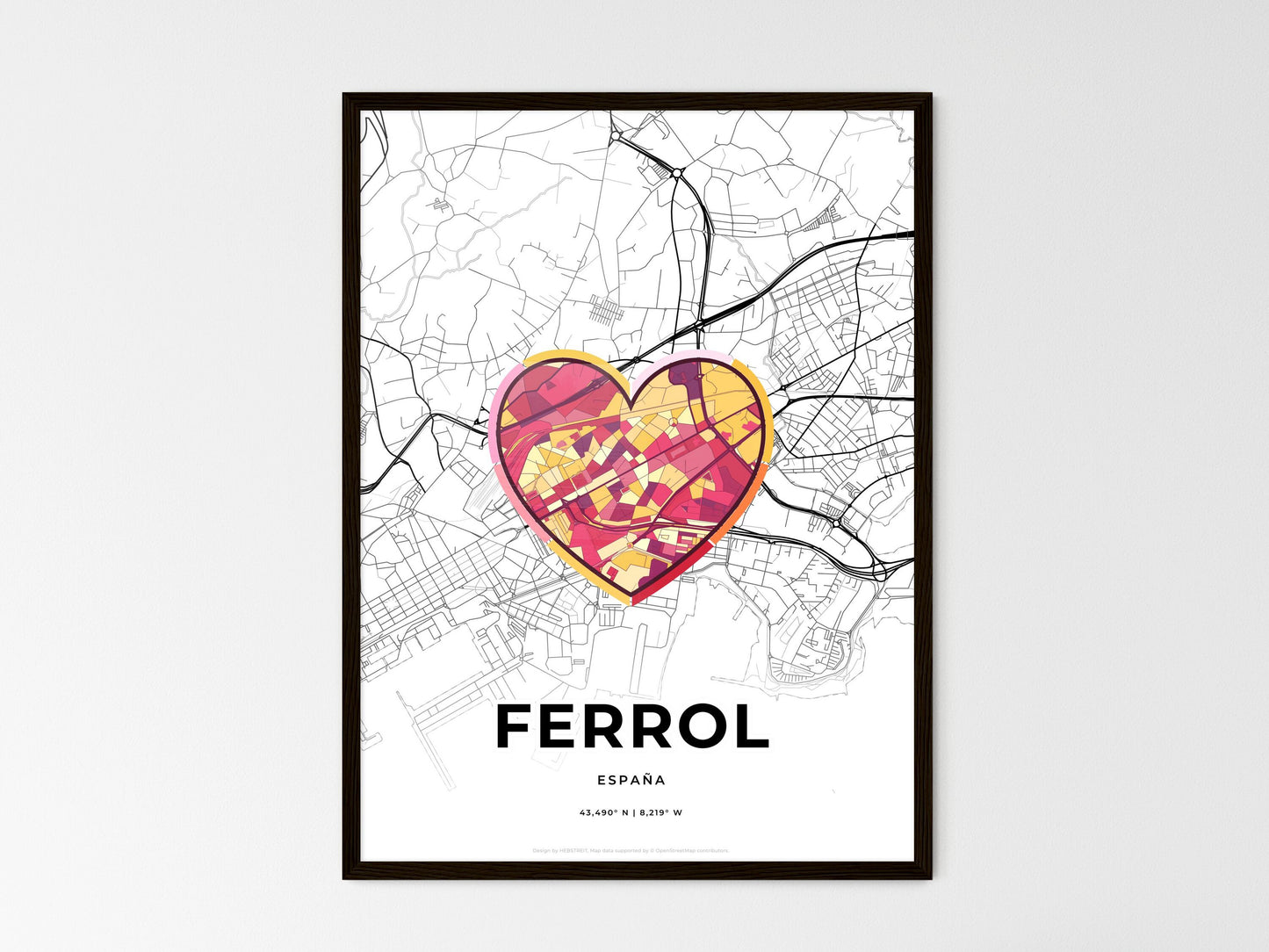 Ferrol Spain wedding art map with heart icon
