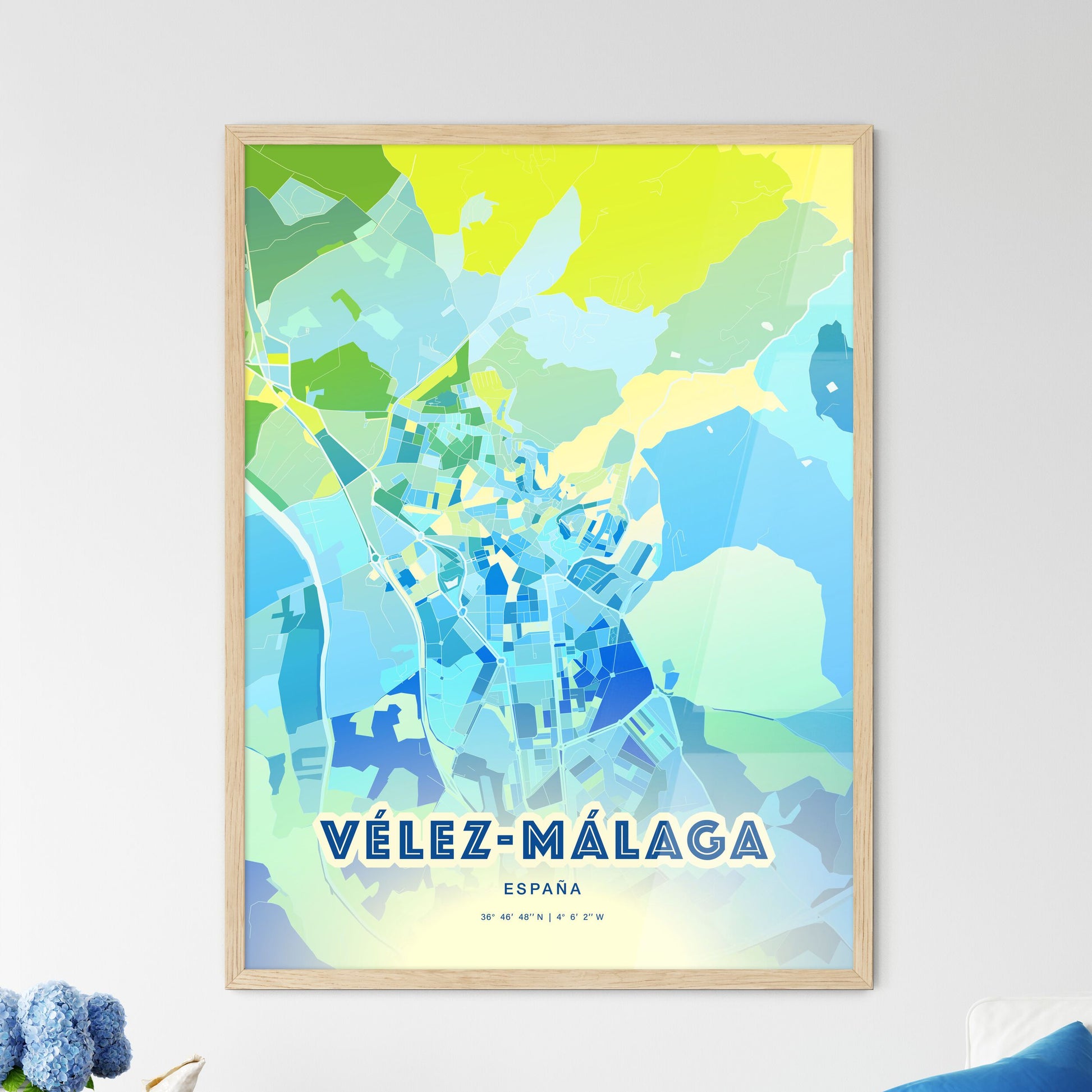 Colorful VÉLEZ-MÁLAGA SPAIN Fine Art Map Cool Blue