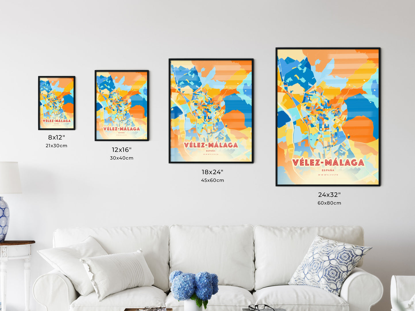 Colorful VÉLEZ-MÁLAGA SPAIN Fine Art Map Blue Orange