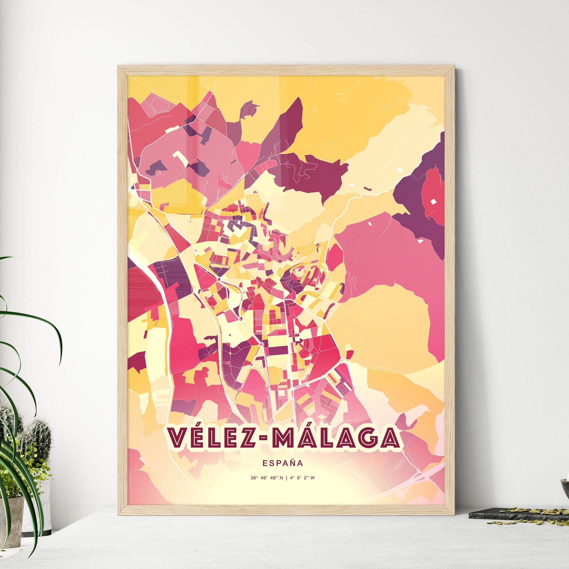 Colorful VÉLEZ-MÁLAGA SPAIN Fine Art Map Hot Red