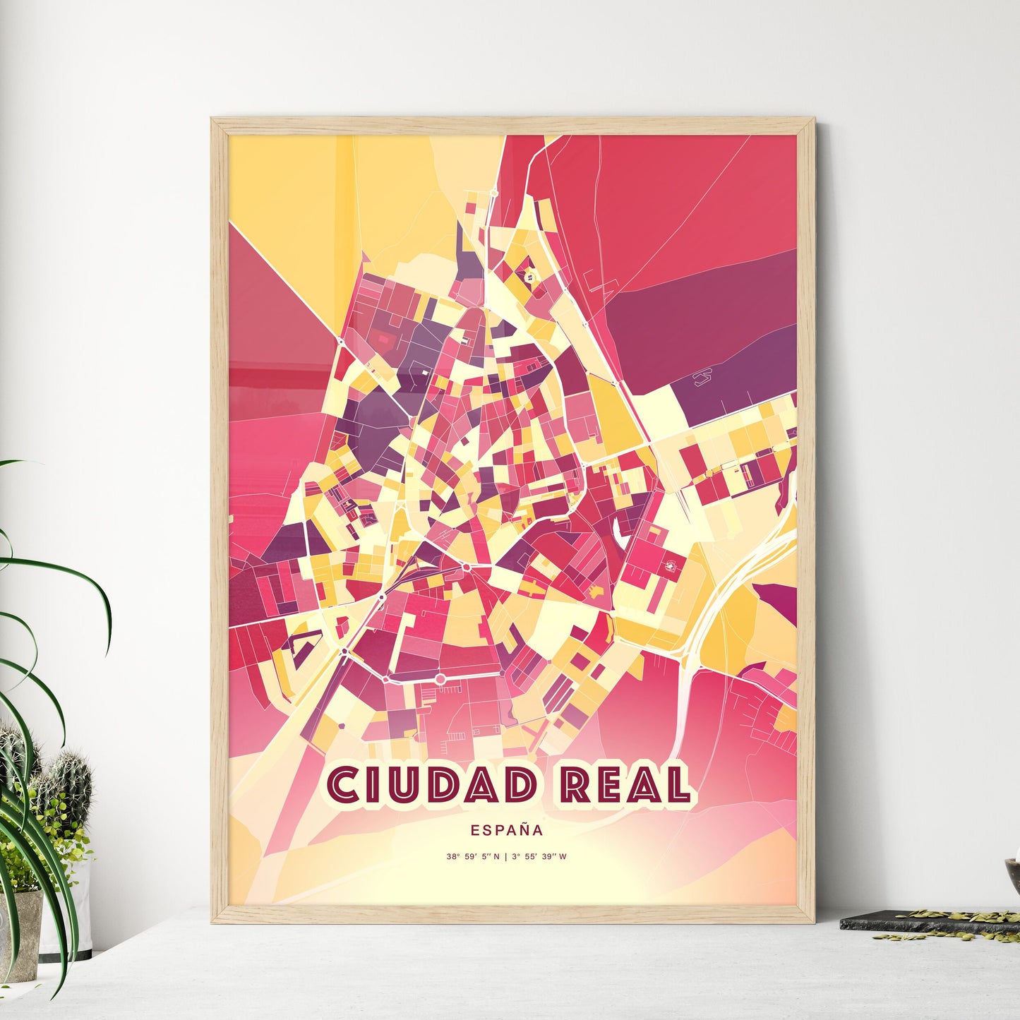 Colorful CIUDAD REAL SPAIN Fine Art Map Hot Red