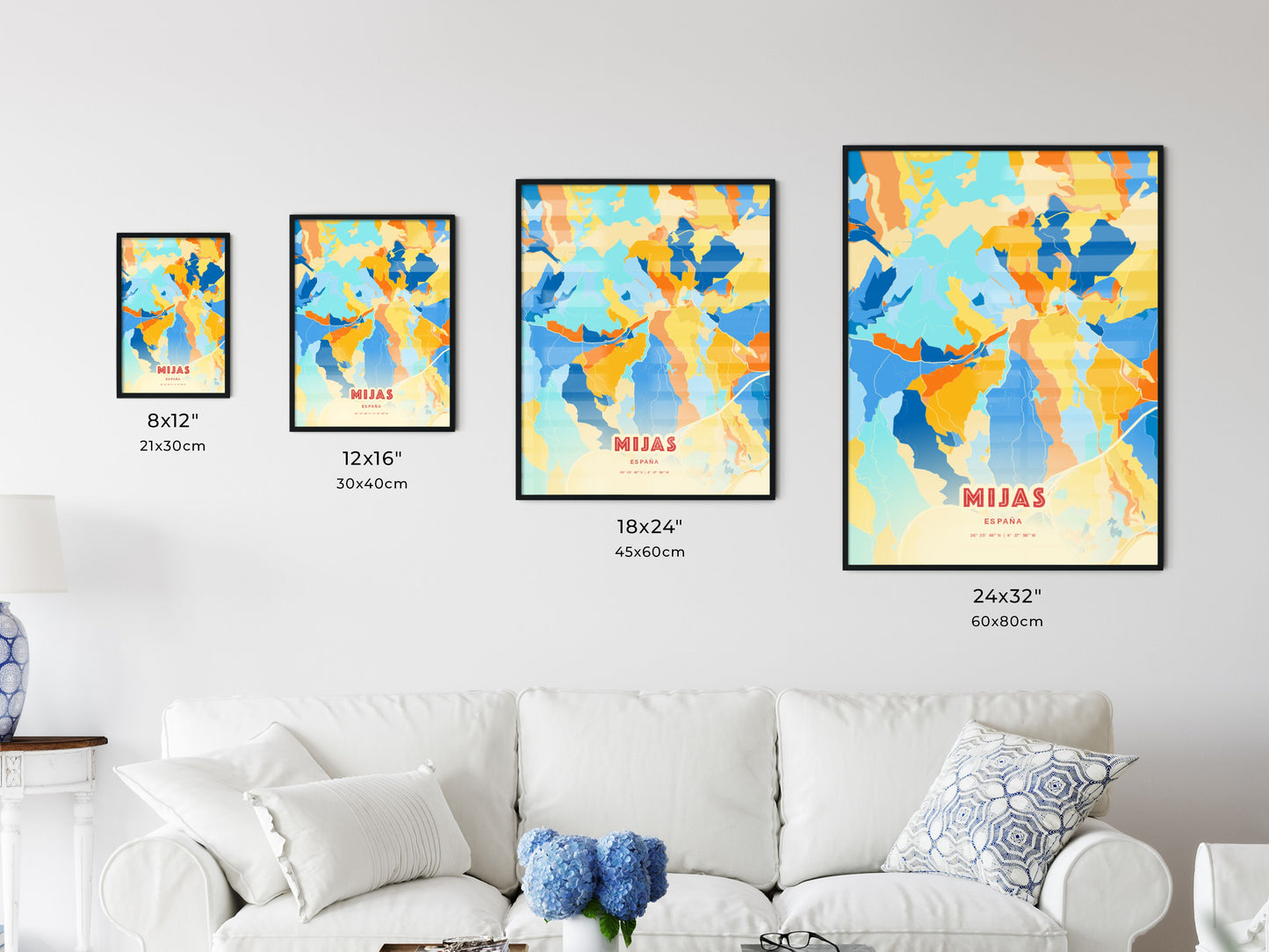 Colorful MIJAS SPAIN Fine Art Map Blue Orange