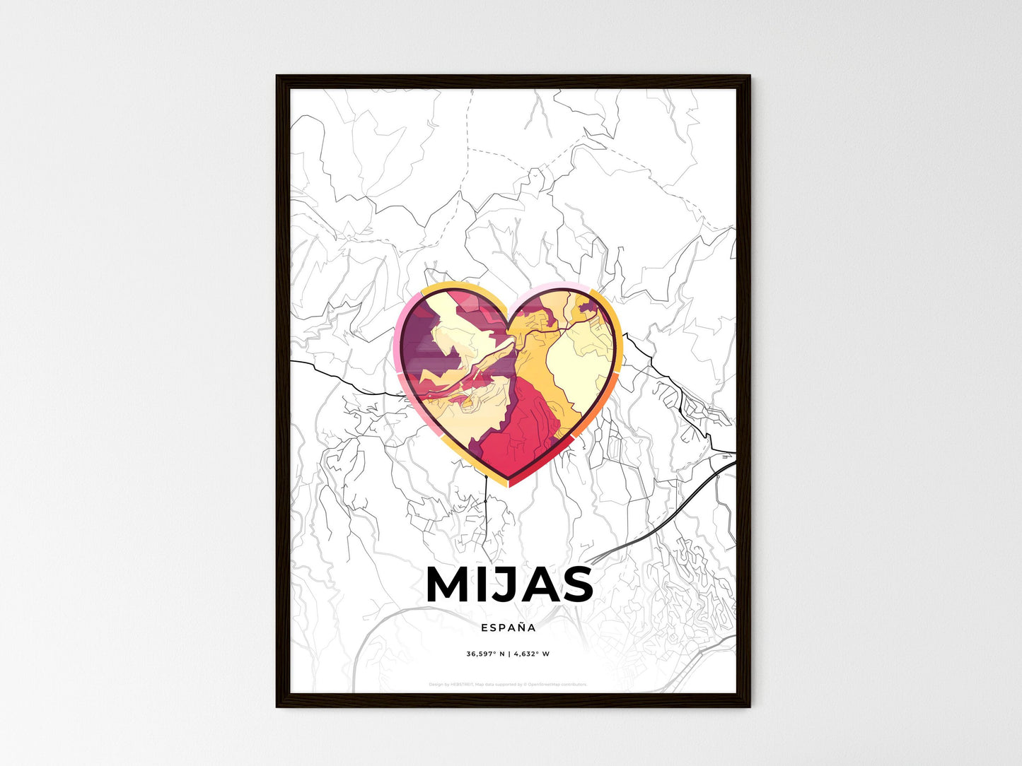Mijas Spain wedding art map with heart icon
