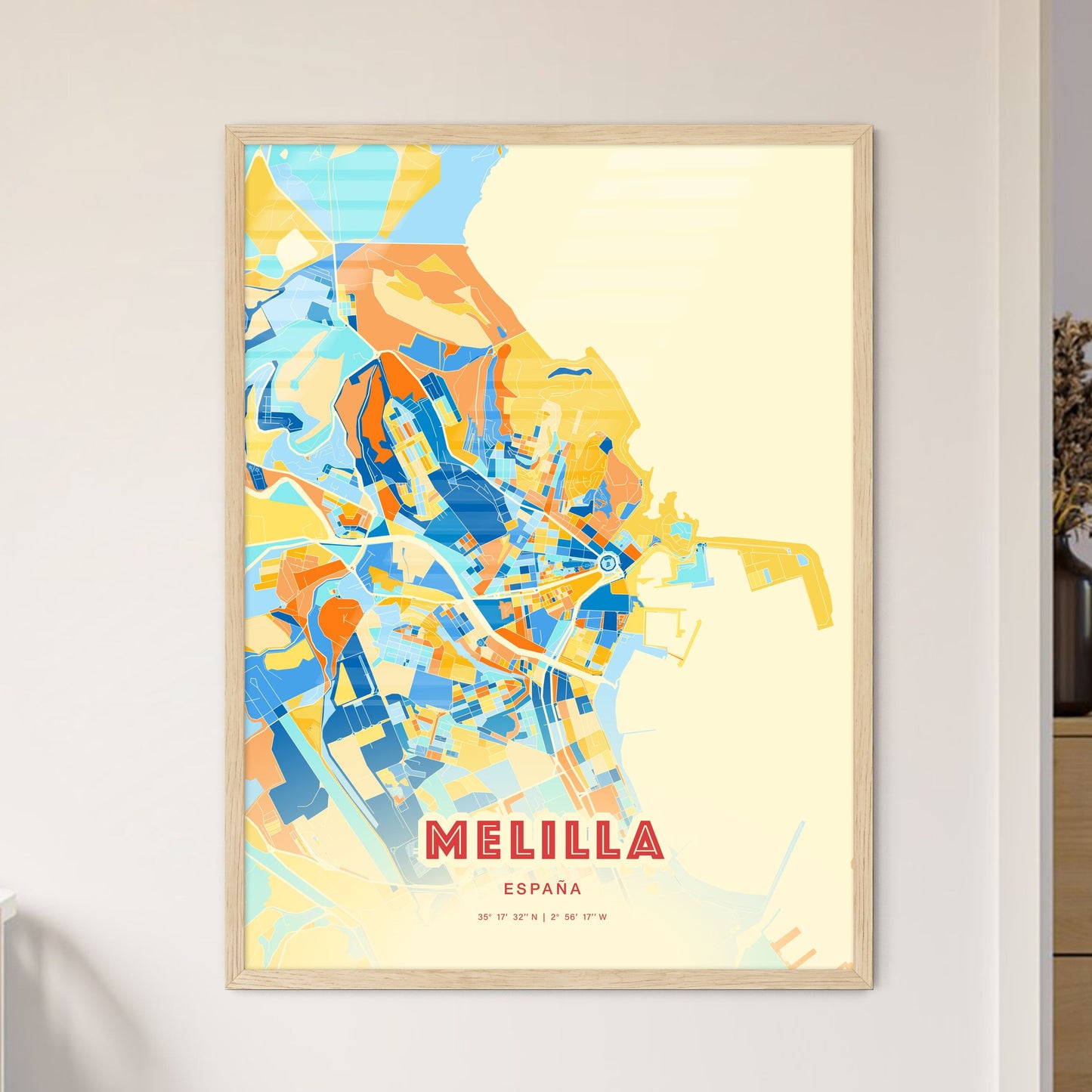 Colorful MELILLA SPAIN Fine Art Map Blue Orange