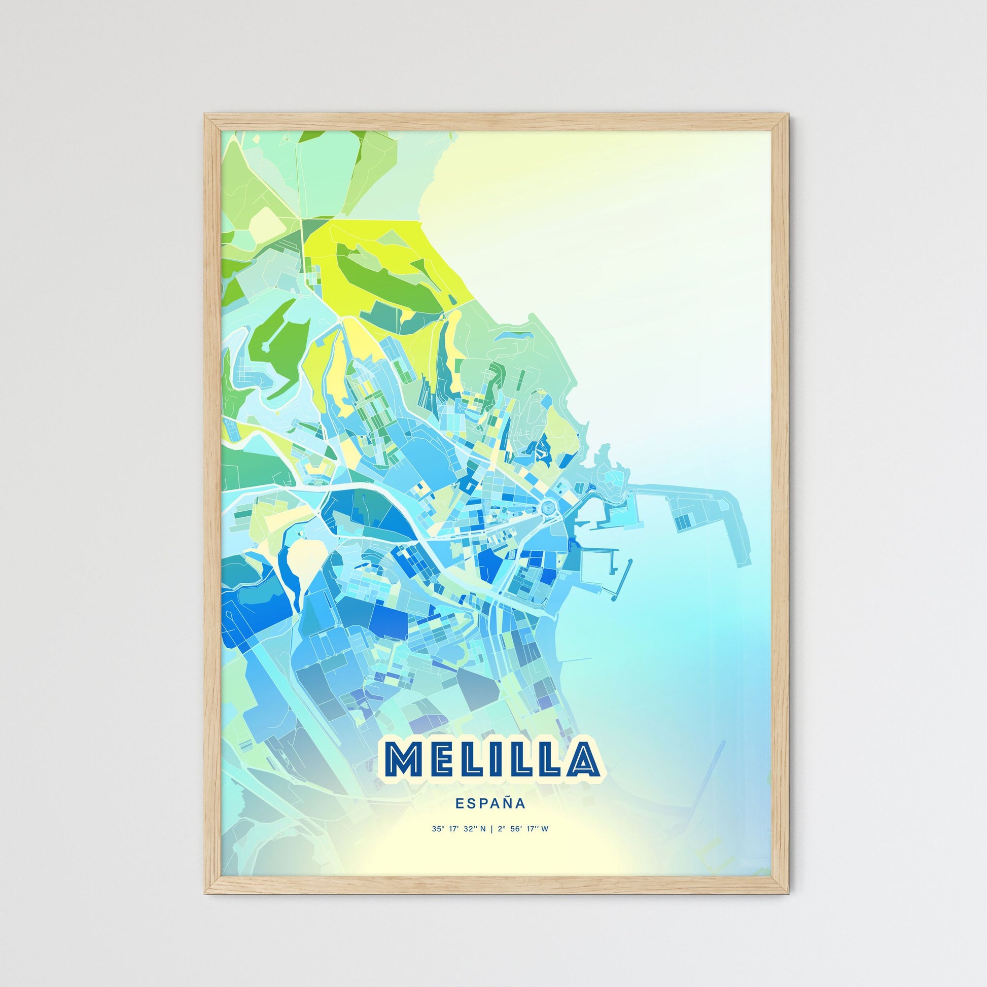 Colorful MELILLA SPAIN Fine Art Map Cool Blue