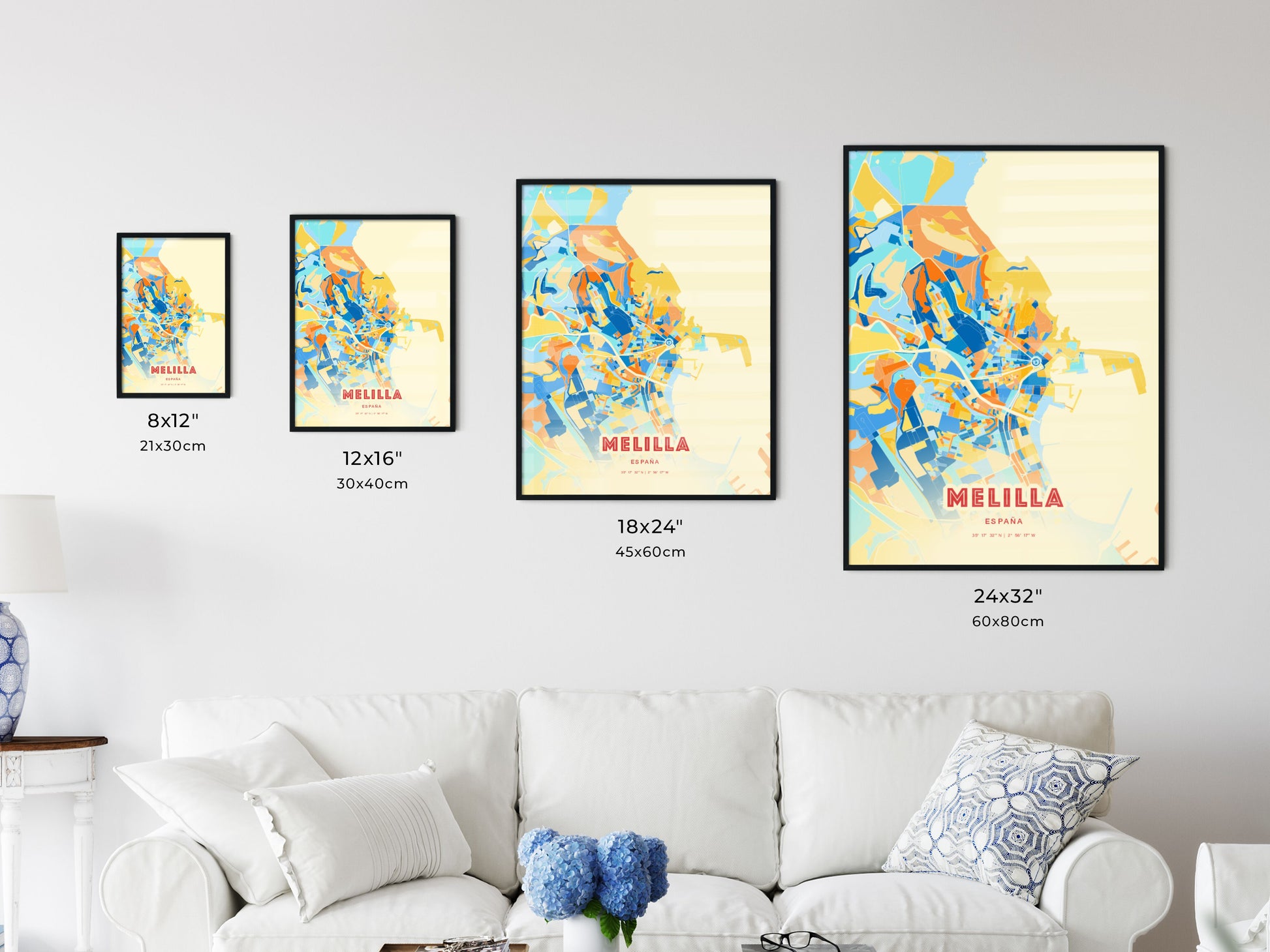 Colorful MELILLA SPAIN Fine Art Map Blue Orange