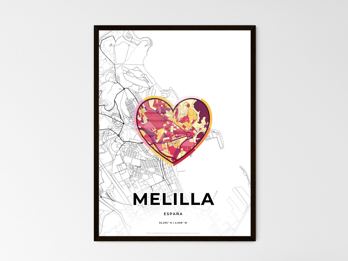 Melilla Spain wedding art map with heart icon