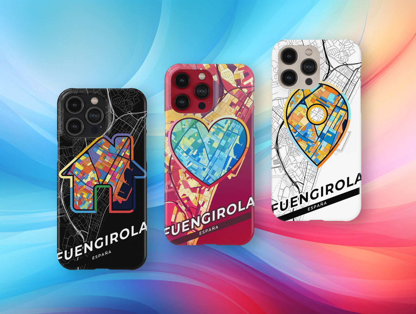 Fuengirola Spain slim phone case with colorful icon. Birthday, wedding or housewarming gift. Couple match cases.