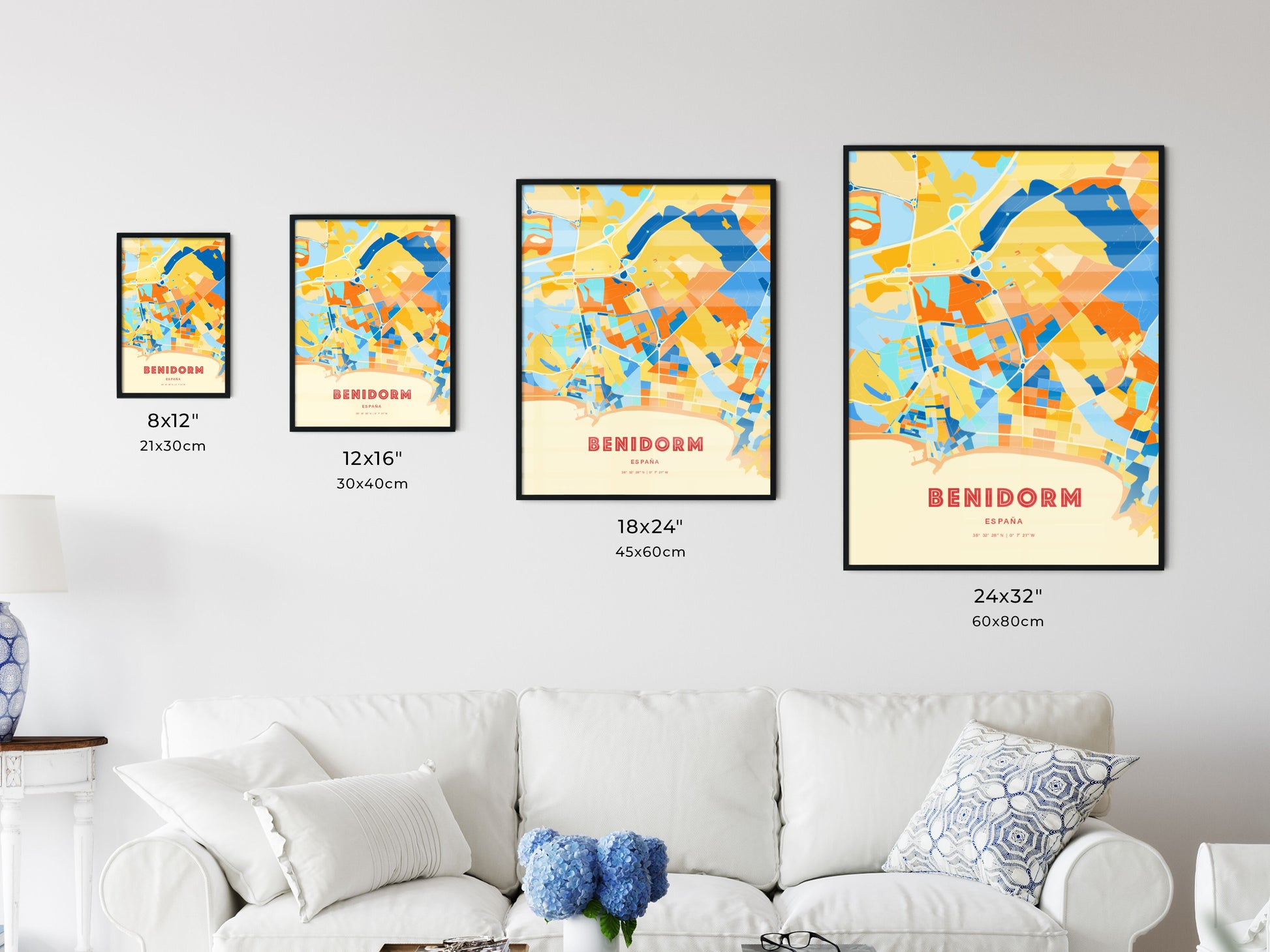 Colorful BENIDORM SPAIN Fine Art Map Blue Orange