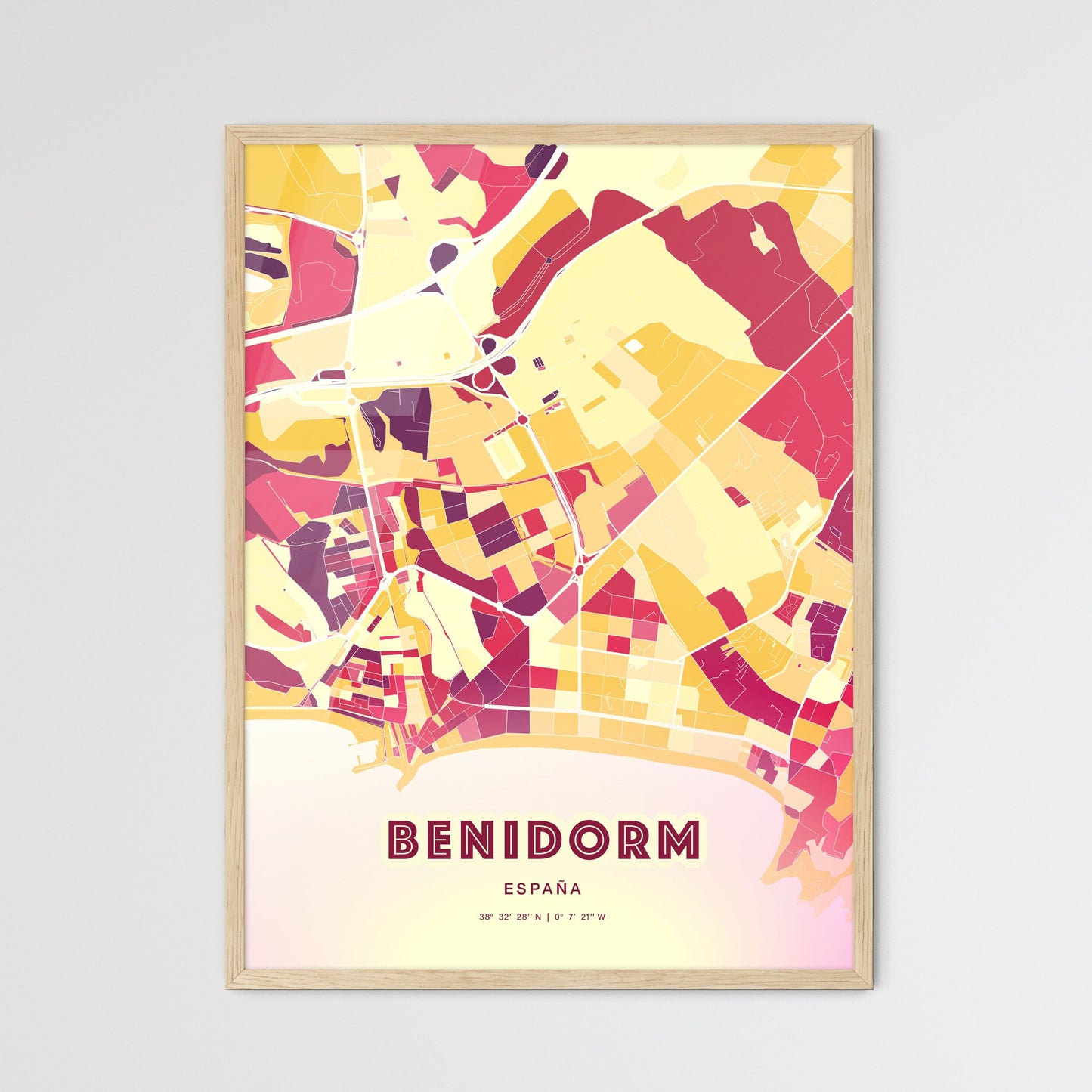 Colorful BENIDORM SPAIN Fine Art Map Hot Red