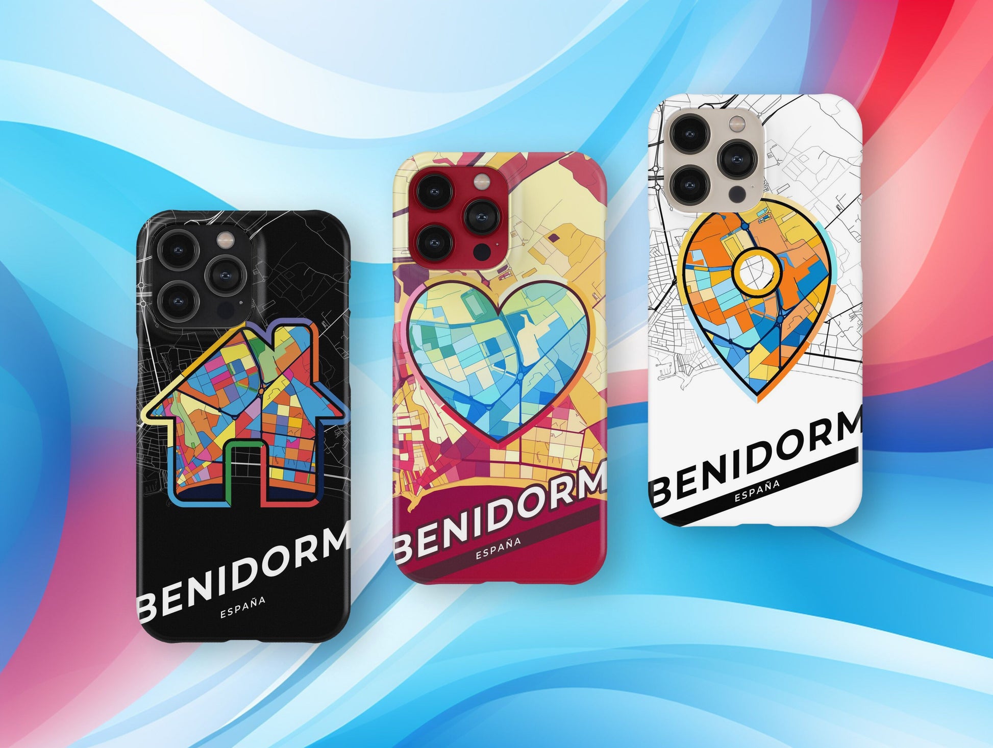 Benidorm Spain slim phone case with colorful icon. Birthday, wedding or housewarming gift. Couple match cases.