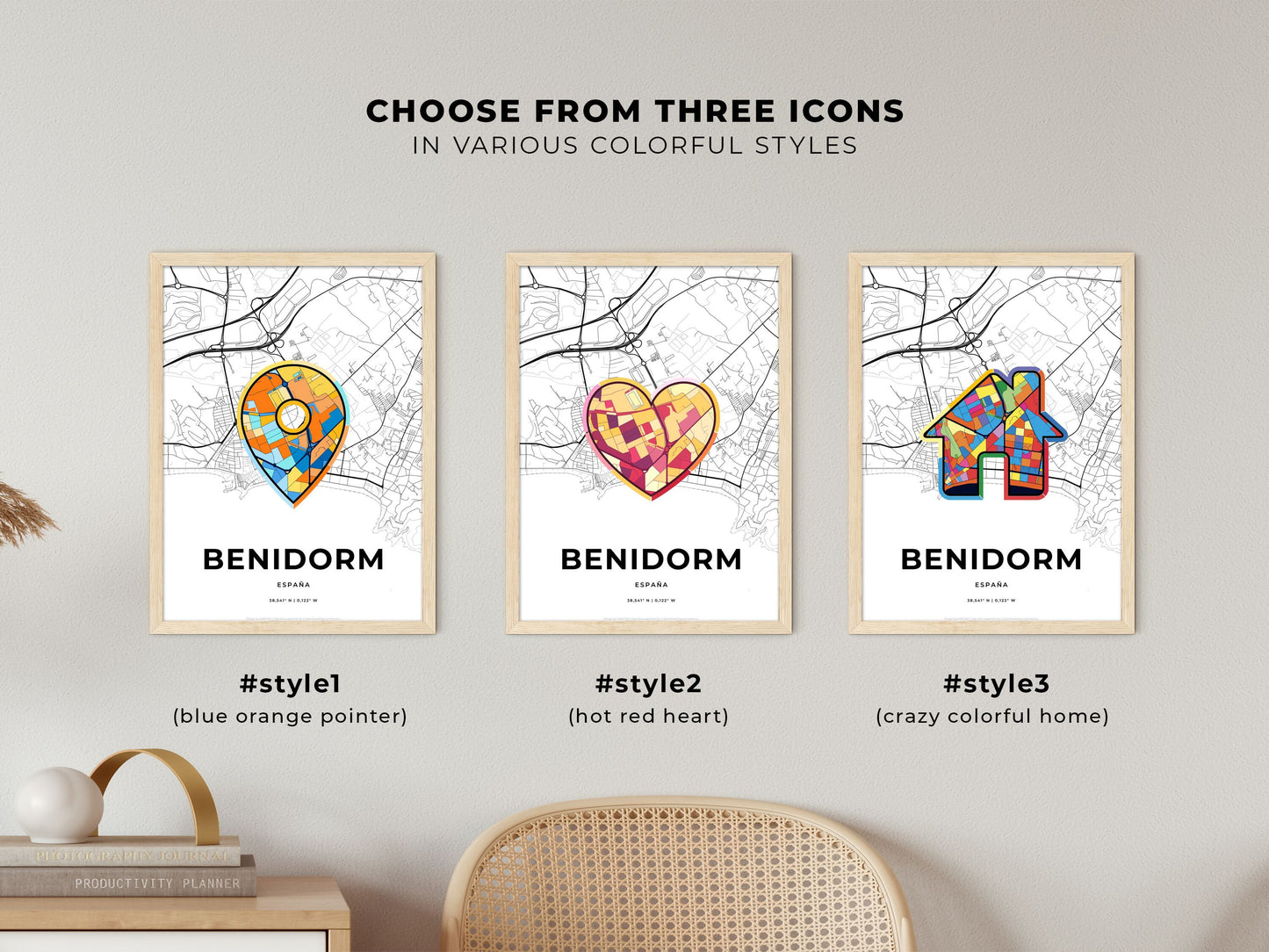Benidorm Spain maps with colorful icons