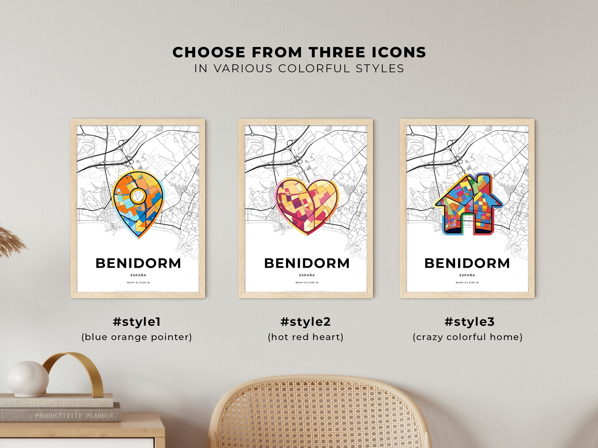 Benidorm Spain maps with colorful icons