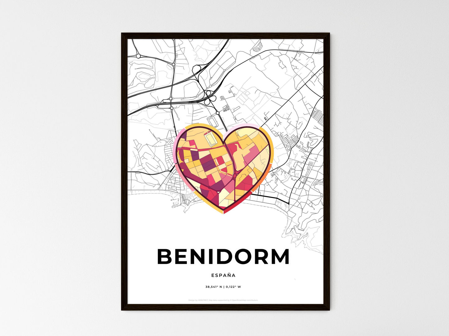 Benidorm Spain wedding art map with heart icon