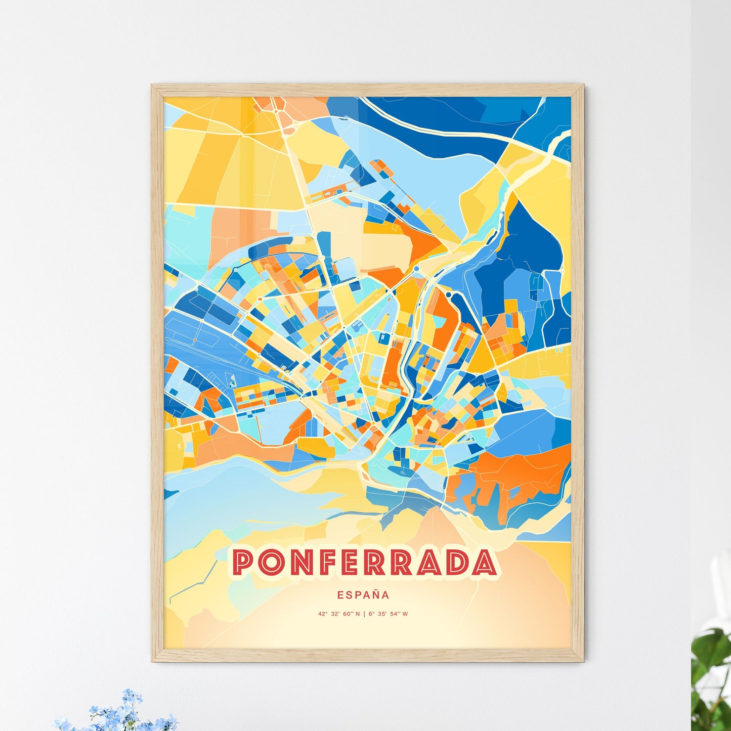 Colorful PONFERRADA SPAIN Fine Art Map Blue Orange