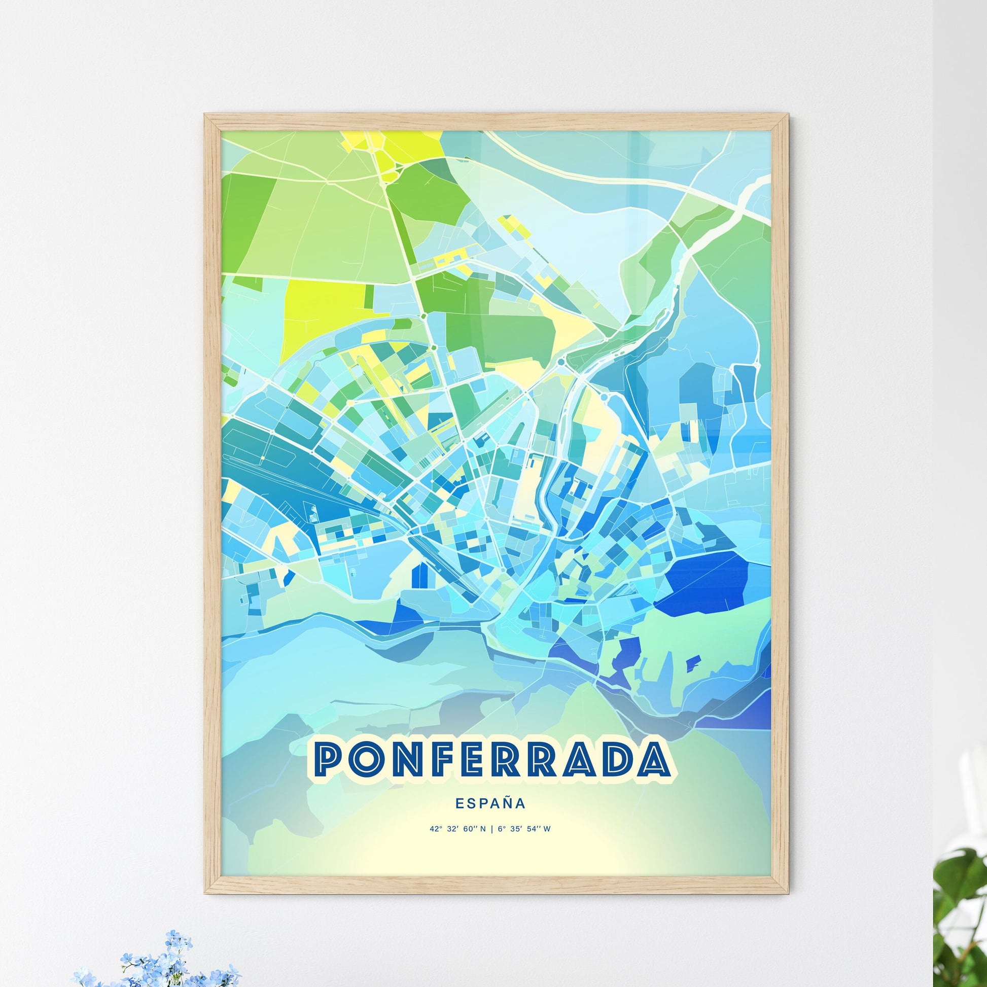 Colorful PONFERRADA SPAIN Fine Art Map Cool Blue