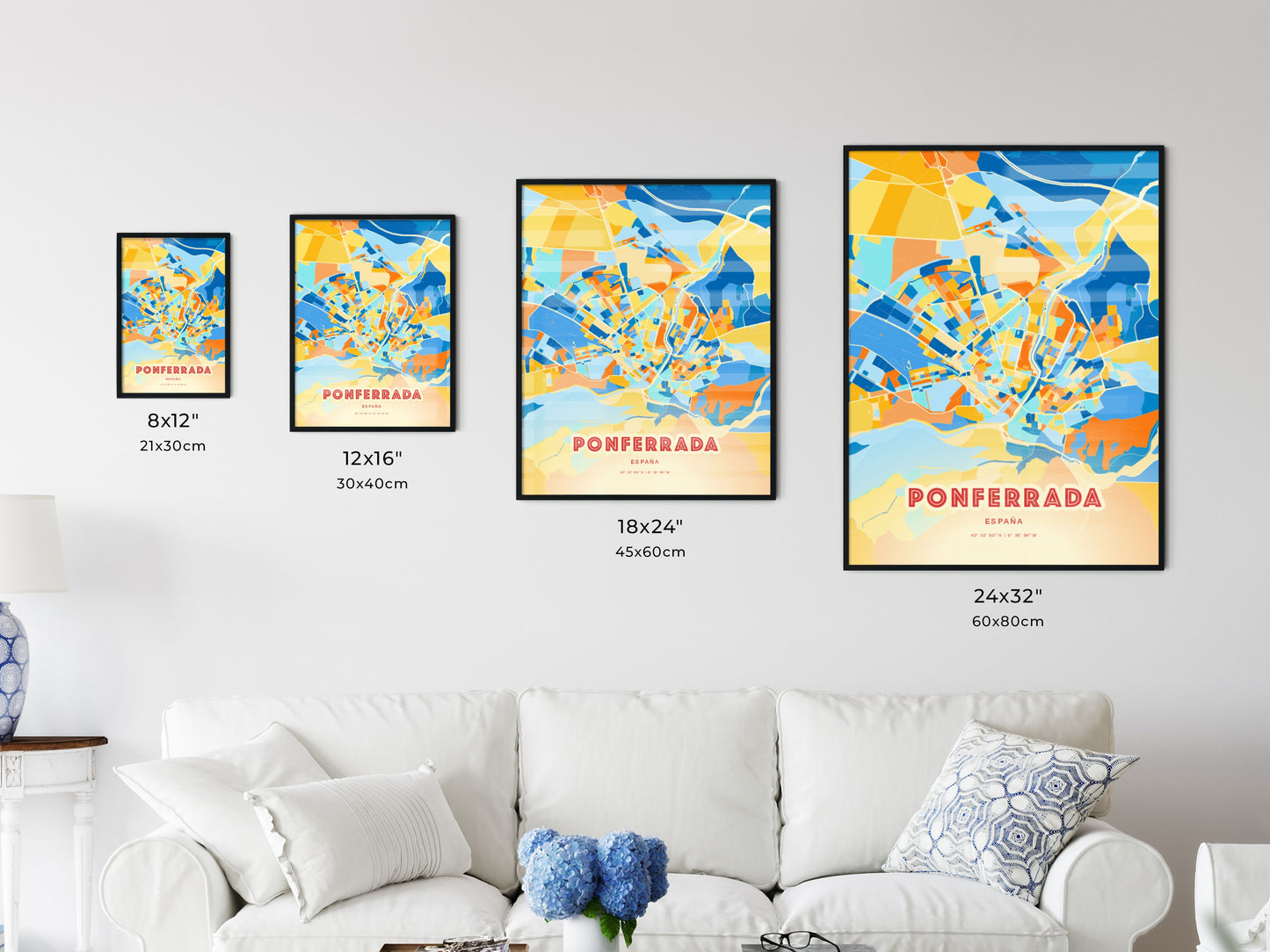 Colorful PONFERRADA SPAIN Fine Art Map Blue Orange