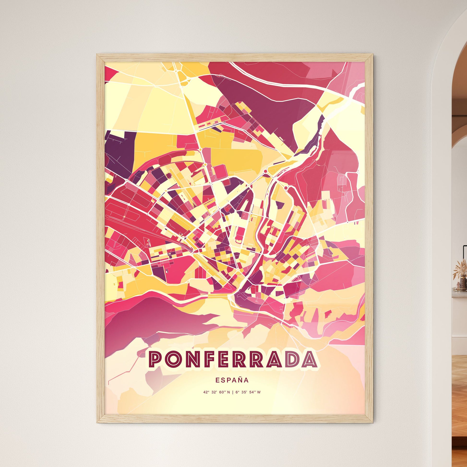 Colorful PONFERRADA SPAIN Fine Art Map Hot Red