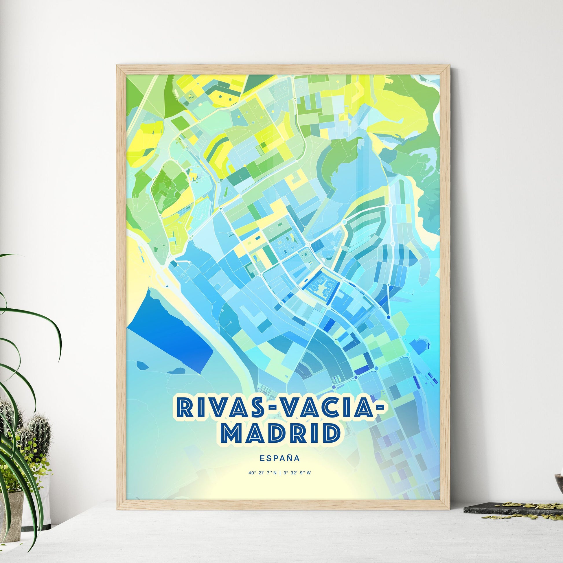 Colorful RIVAS-VACIAMADRID SPAIN Fine Art Map Cool Blue