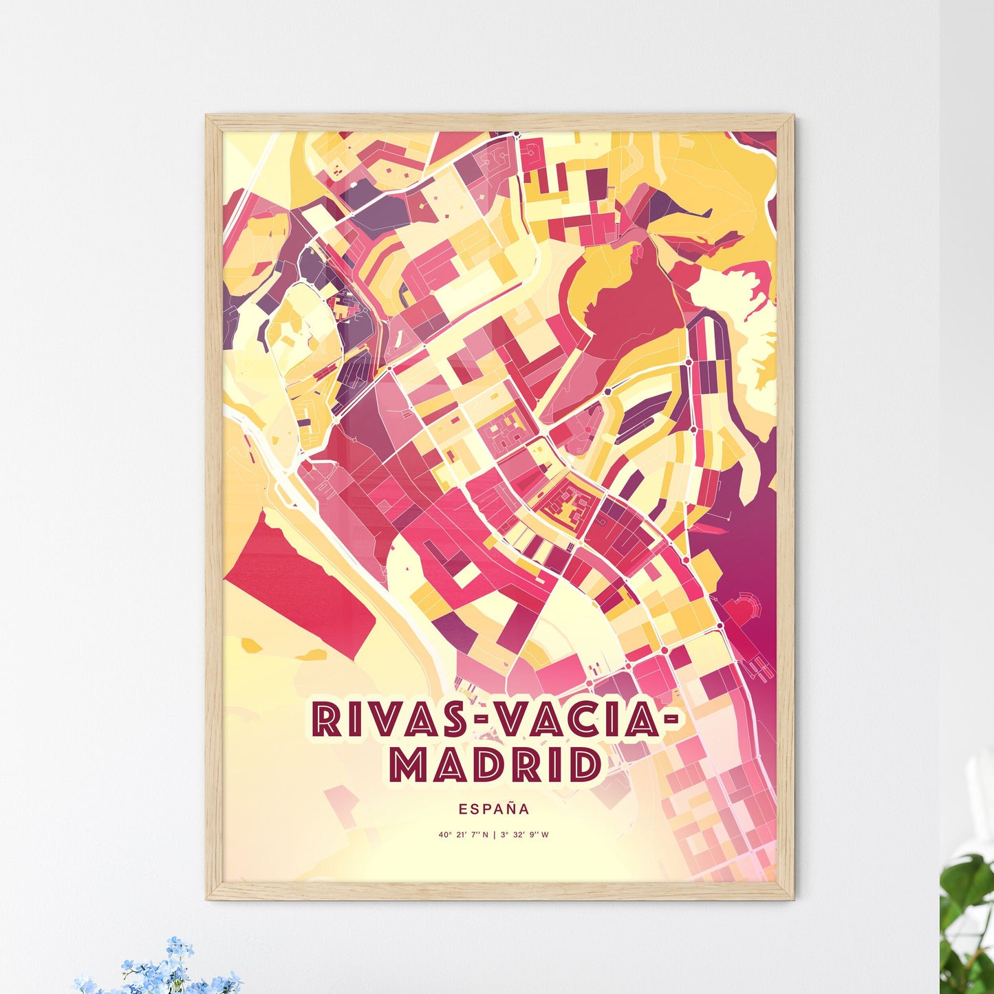 Colorful RIVAS-VACIAMADRID SPAIN Fine Art Map Hot Red