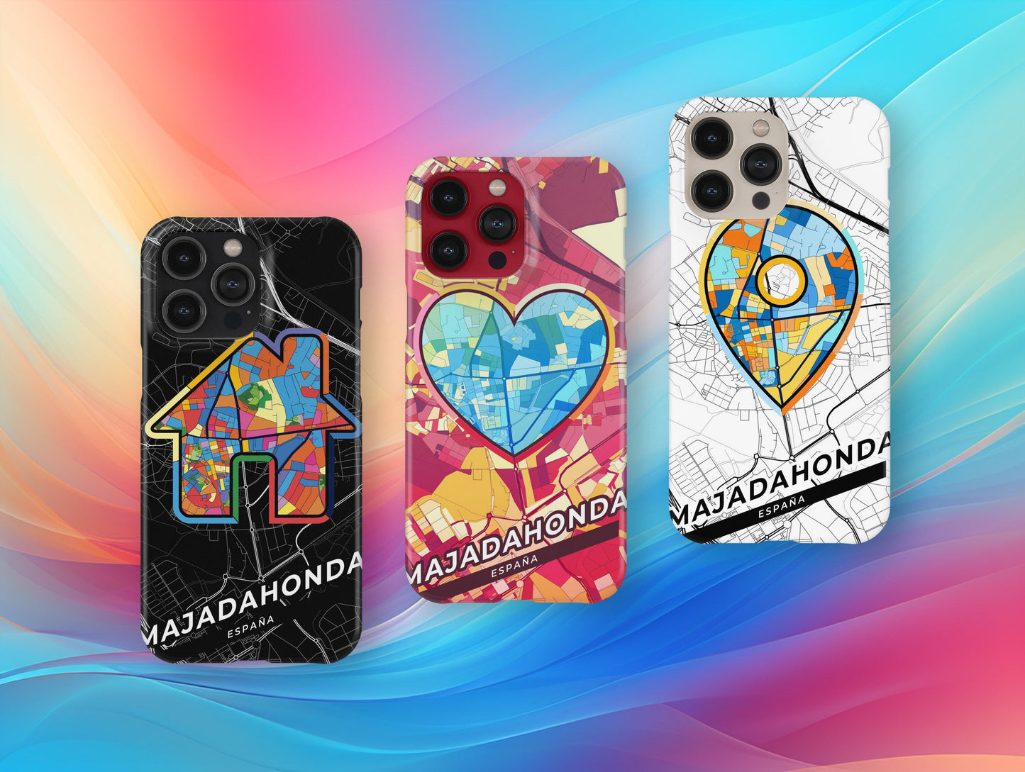 Majadahonda Spain slim phone case with colorful icon. Birthday, wedding or housewarming gift. Couple match cases.