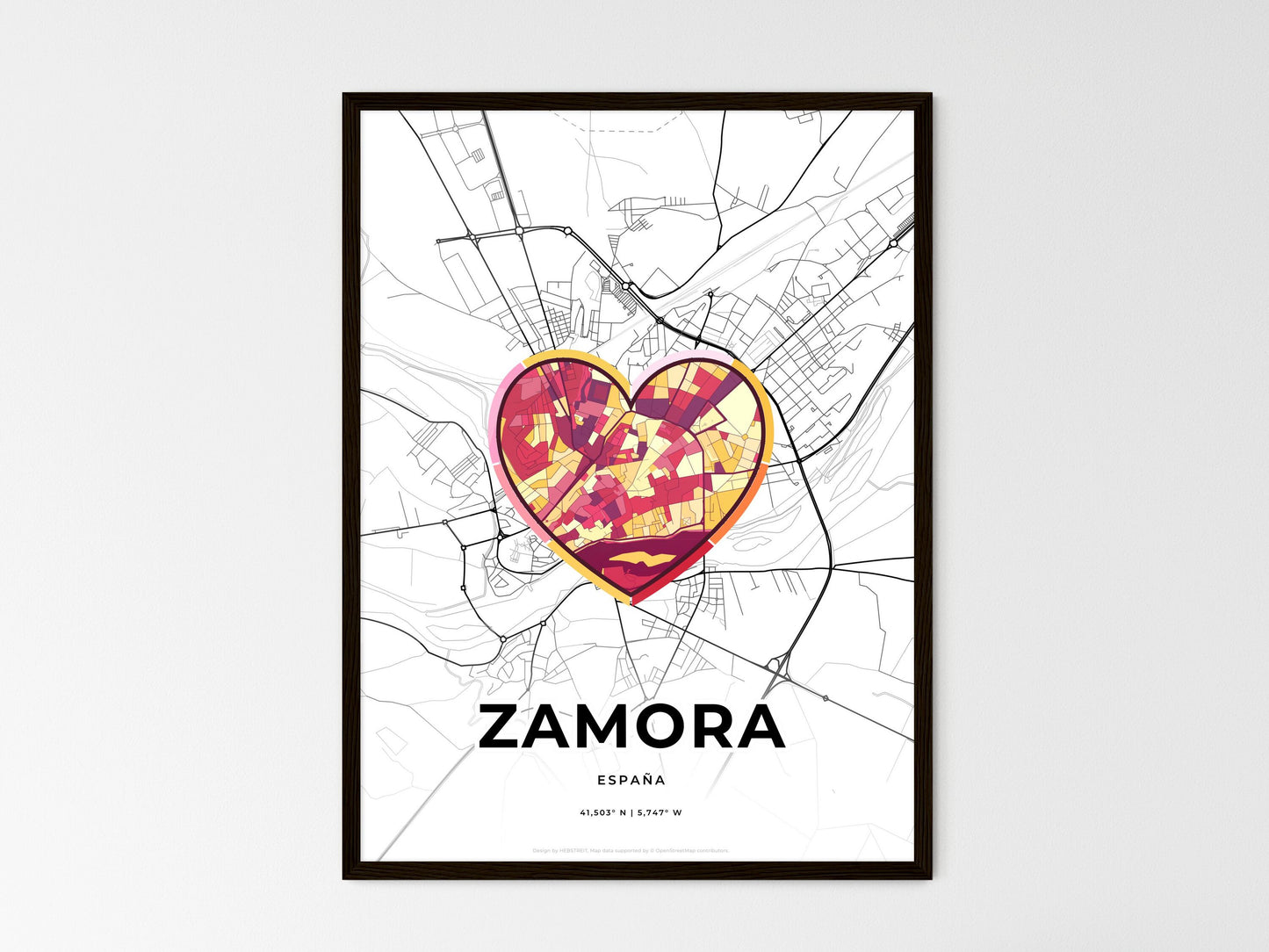 Zamora Spain wedding art map with heart icon