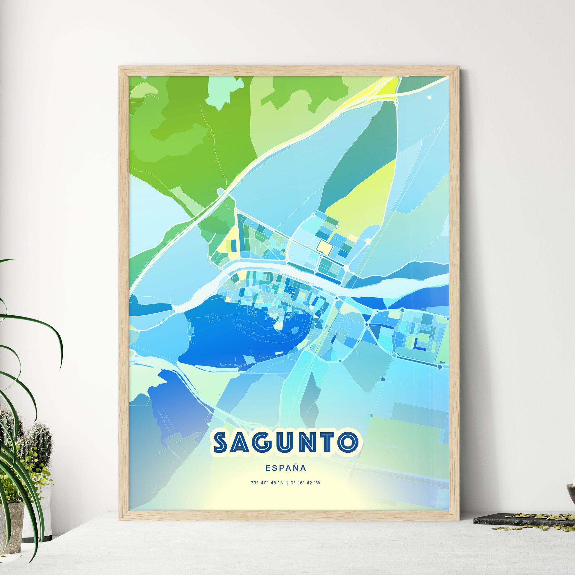 Colorful SAGUNTO SPAIN Fine Art Map Cool Blue