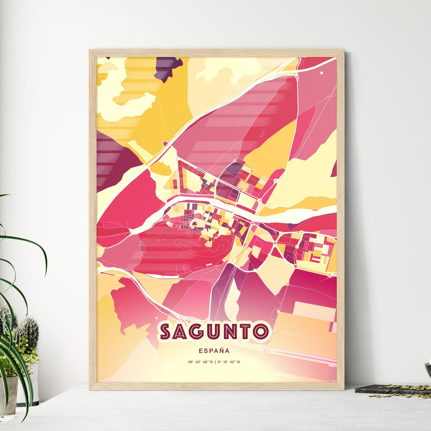 Colorful SAGUNTO SPAIN Fine Art Map Hot Red