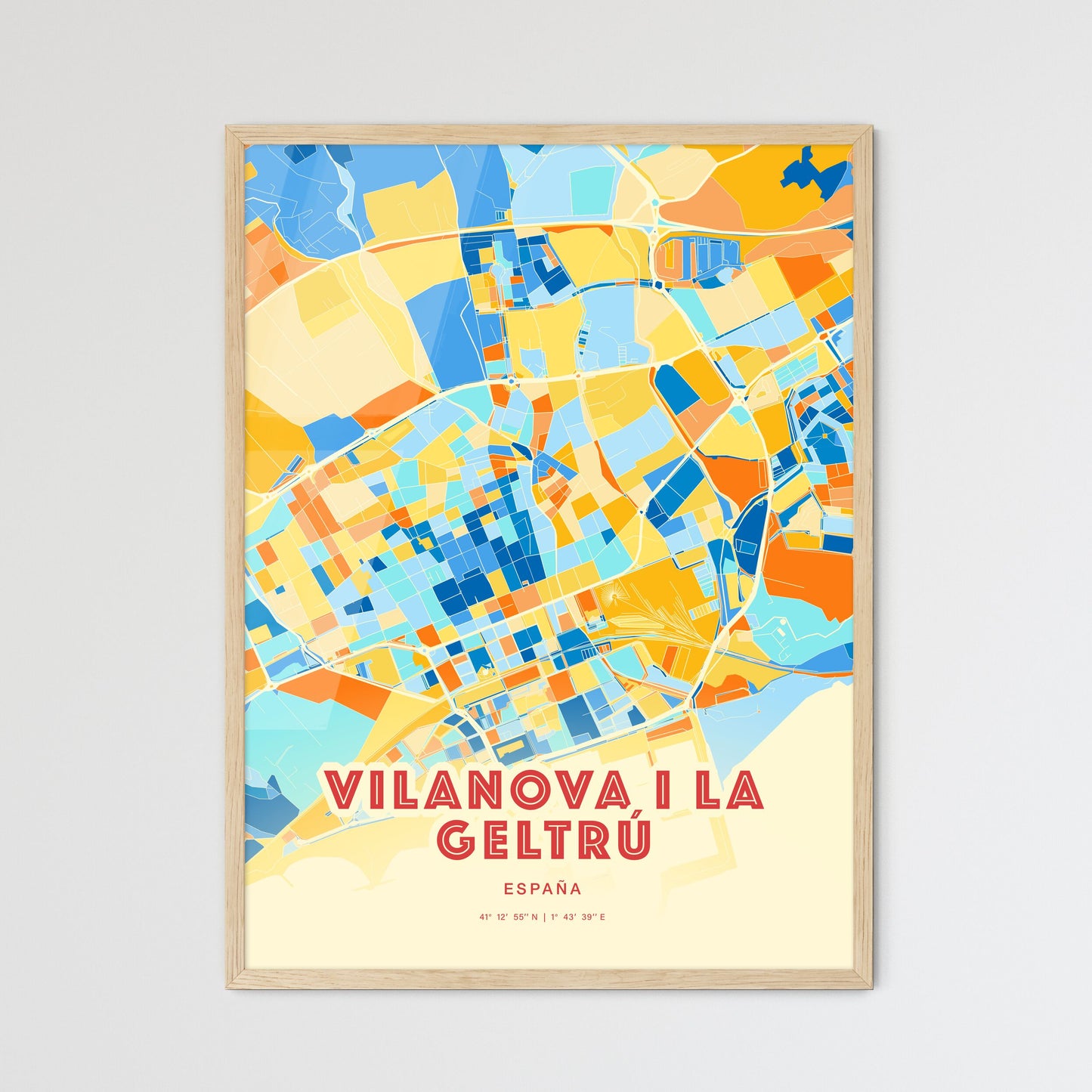 Colorful VILANOVA I LA GELTRÚ SPAIN Fine Art Map Blue Orange