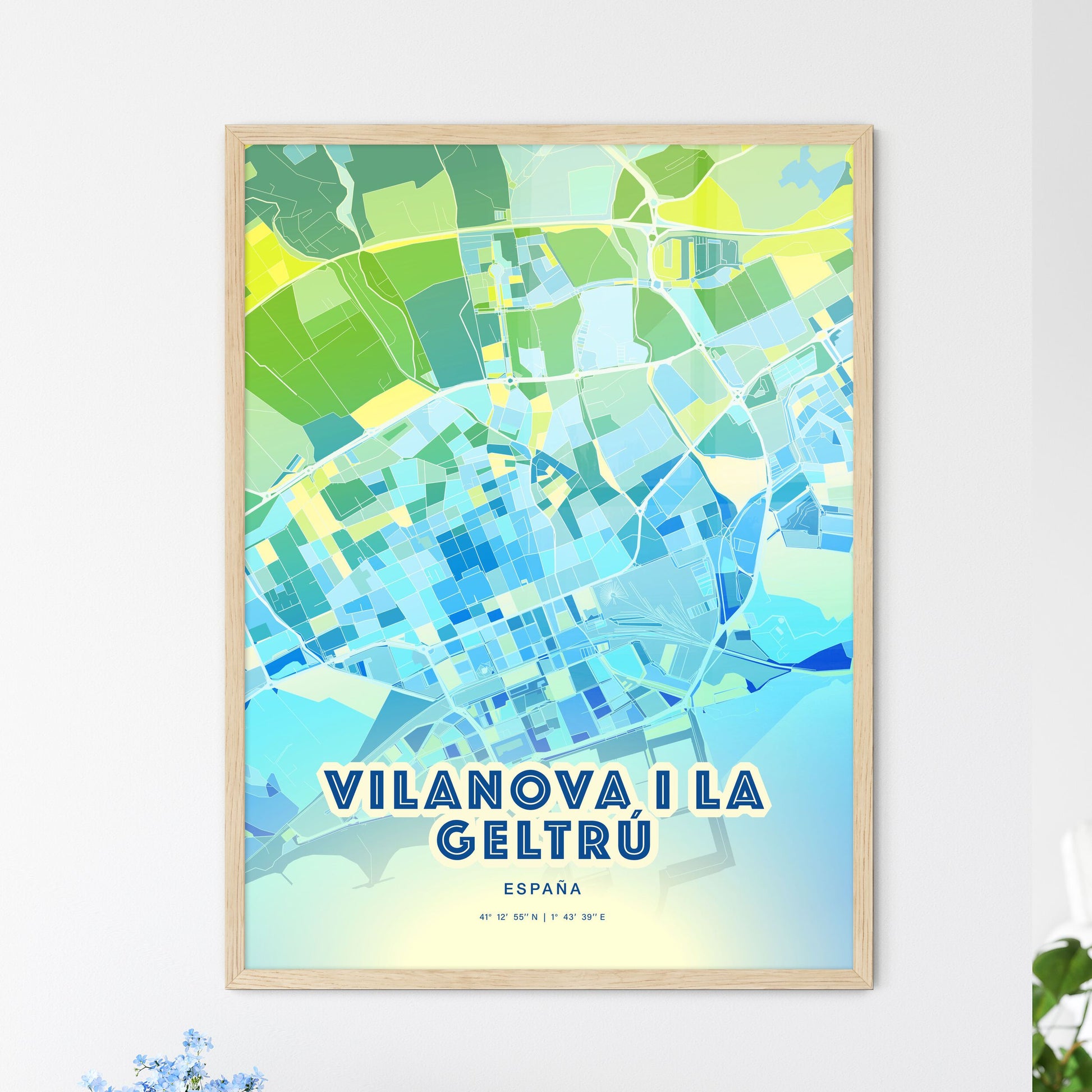 Colorful VILANOVA I LA GELTRÚ SPAIN Fine Art Map Cool Blue