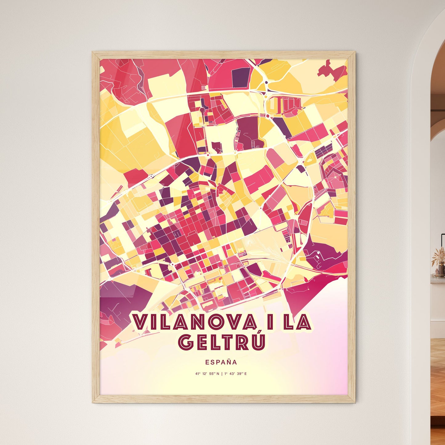 Colorful VILANOVA I LA GELTRÚ SPAIN Fine Art Map Hot Red