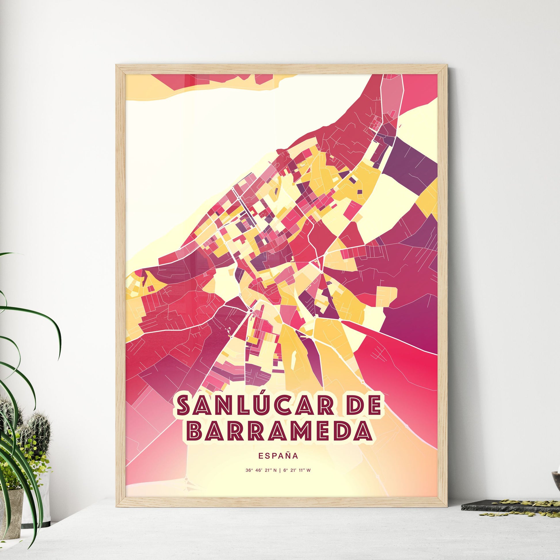 Colorful SANLÚCAR DE BARRAMEDA SPAIN Fine Art Map Hot Red