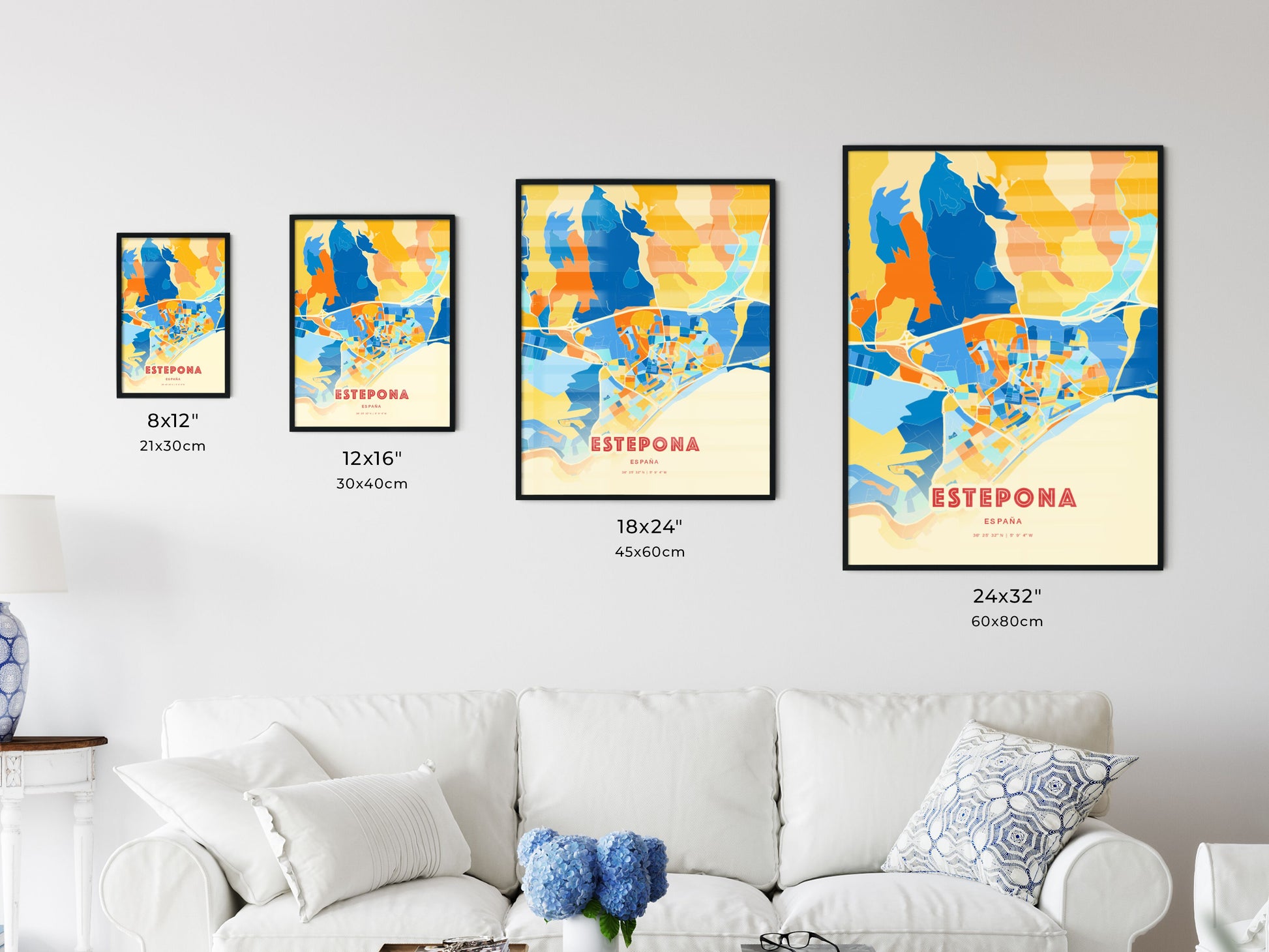 Colorful ESTEPONA SPAIN Fine Art Map Blue Orange