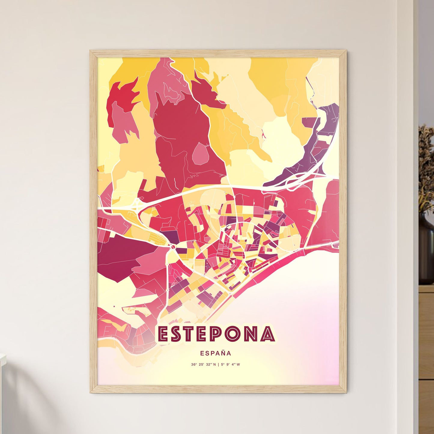 Colorful ESTEPONA SPAIN Fine Art Map Hot Red