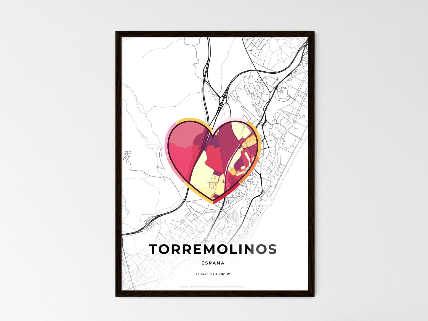 Torremolinos Spain wedding art map with heart icon