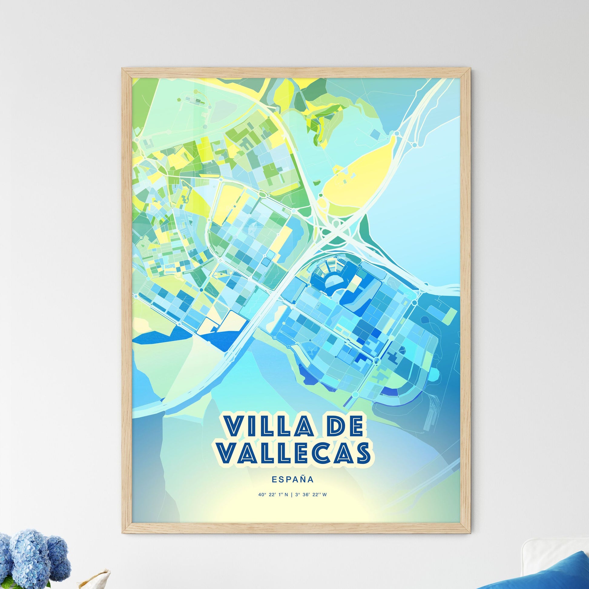 Colorful VILLA DE VALLECAS SPAIN Fine Art Map Cool Blue