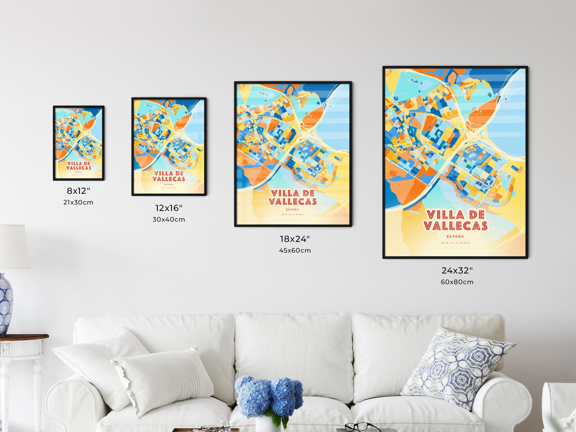 Colorful VILLA DE VALLECAS SPAIN Fine Art Map Blue Orange