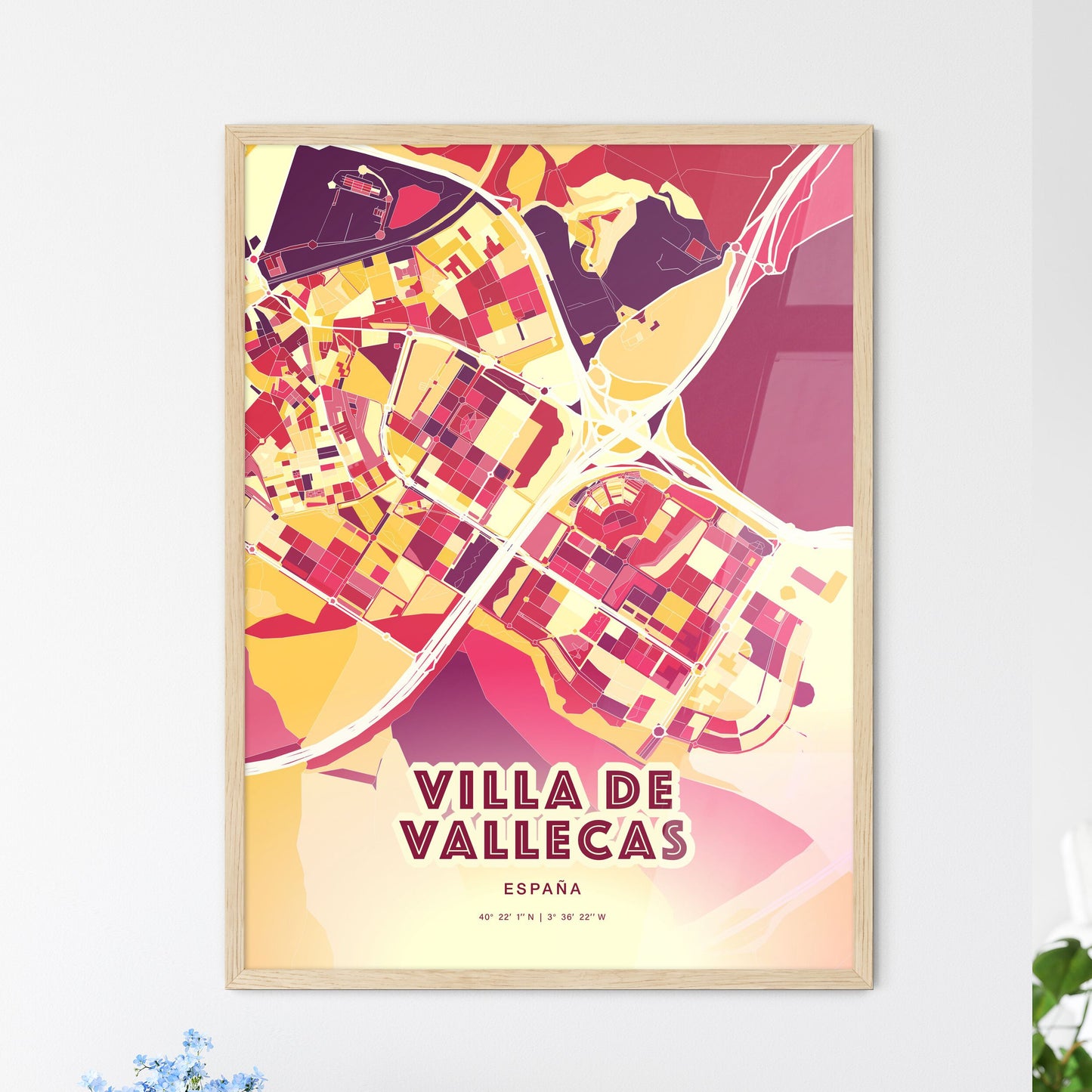 Colorful VILLA DE VALLECAS SPAIN Fine Art Map Hot Red