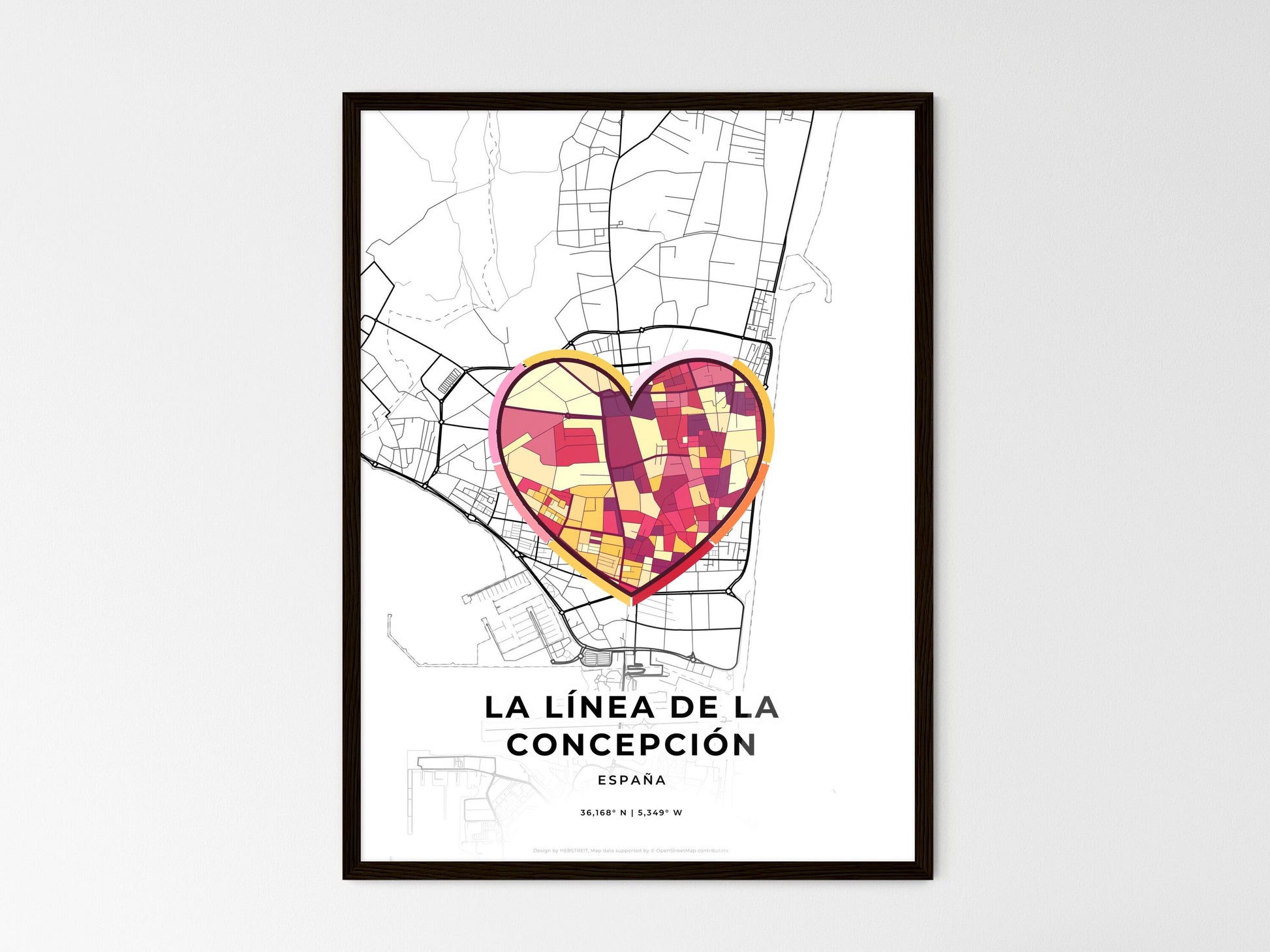 La Línea De La Concepción Spain wedding art map with heart icon