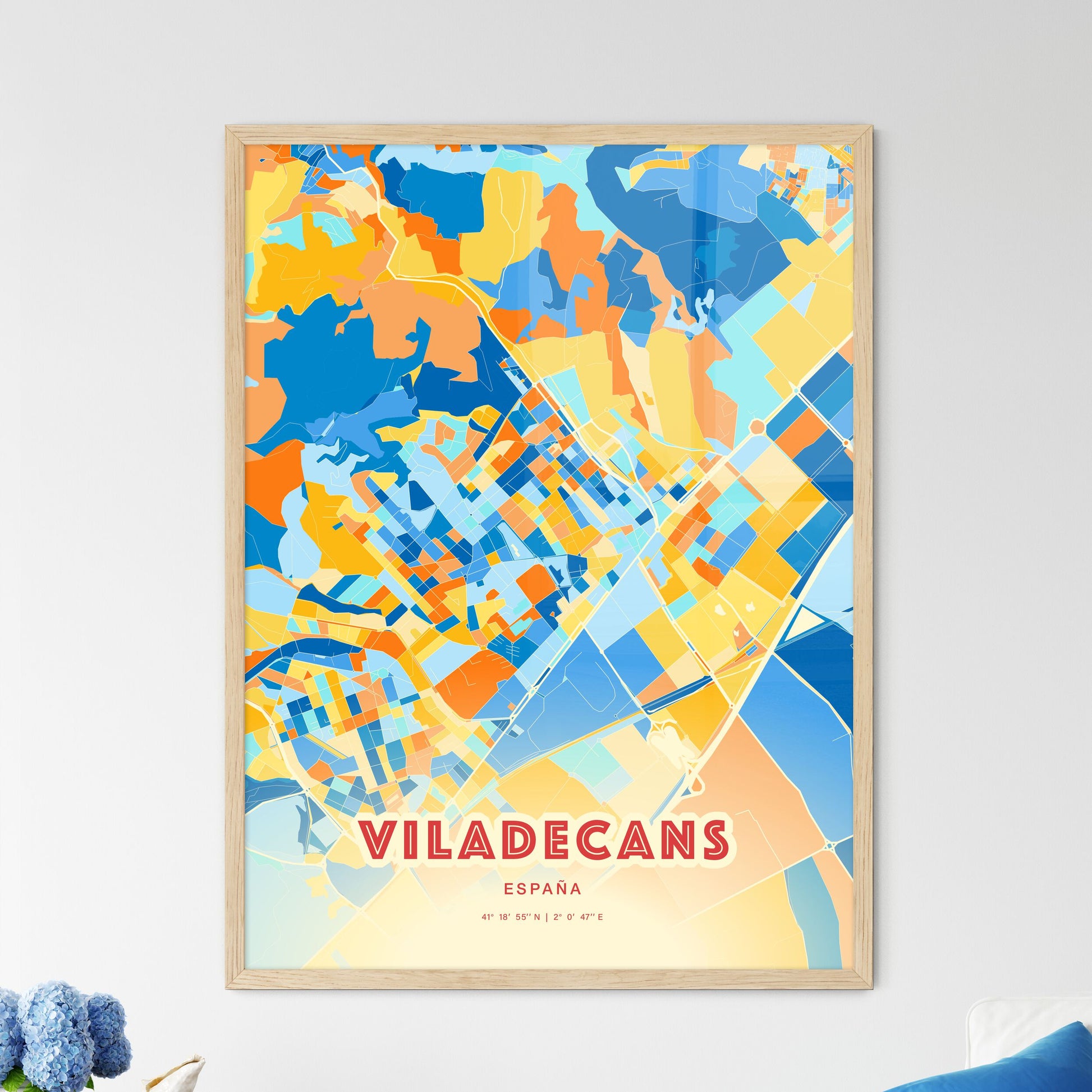 Colorful VILADECANS SPAIN Fine Art Map Blue Orange