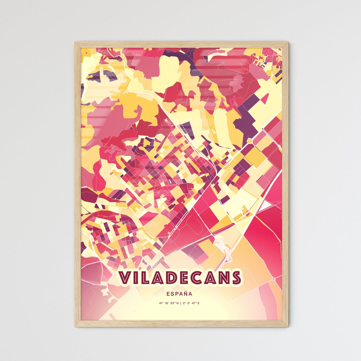 Colorful VILADECANS SPAIN Fine Art Map Hot Red