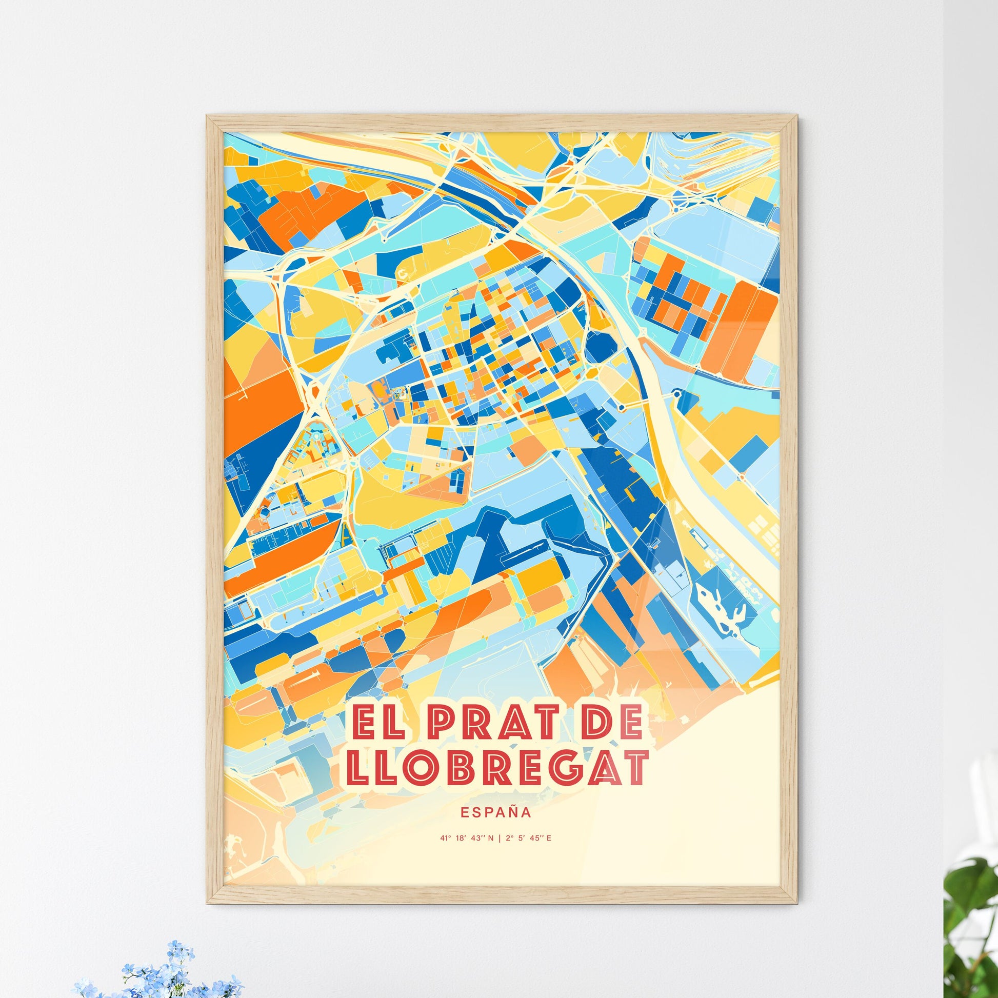 Colorful EL PRAT DE LLOBREGAT SPAIN Fine Art Map Blue Orange