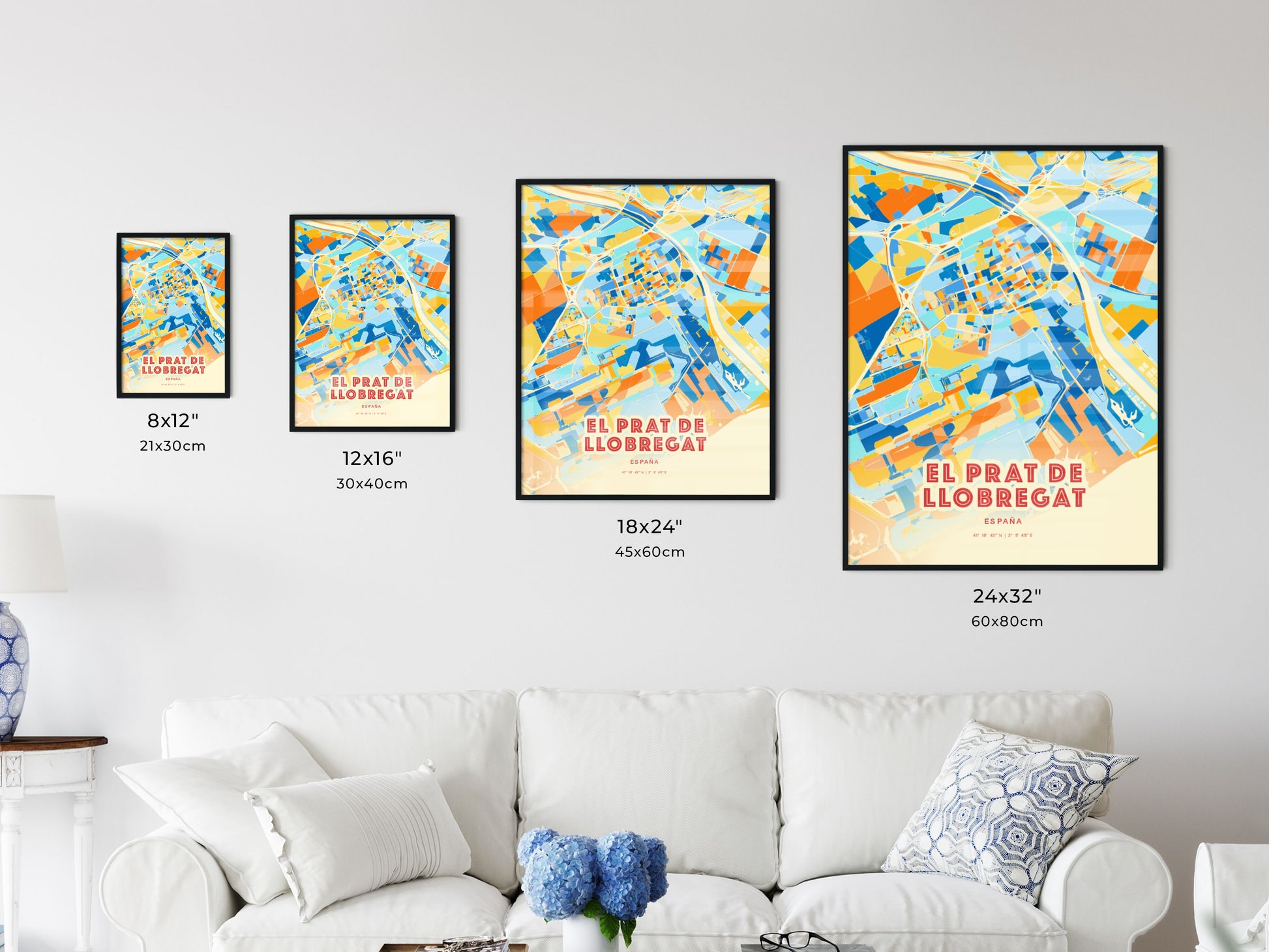 Colorful EL PRAT DE LLOBREGAT SPAIN Fine Art Map Blue Orange