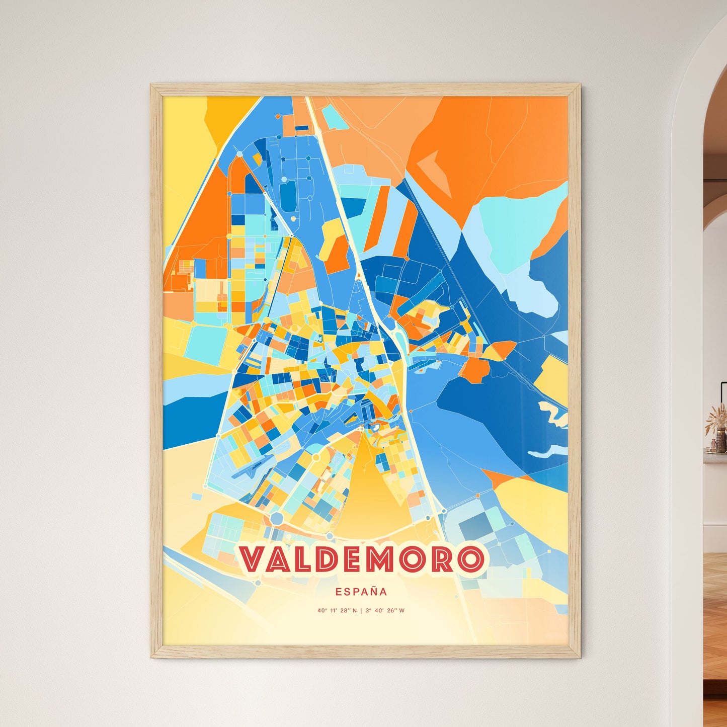 Colorful VALDEMORO SPAIN Fine Art Map Blue Orange