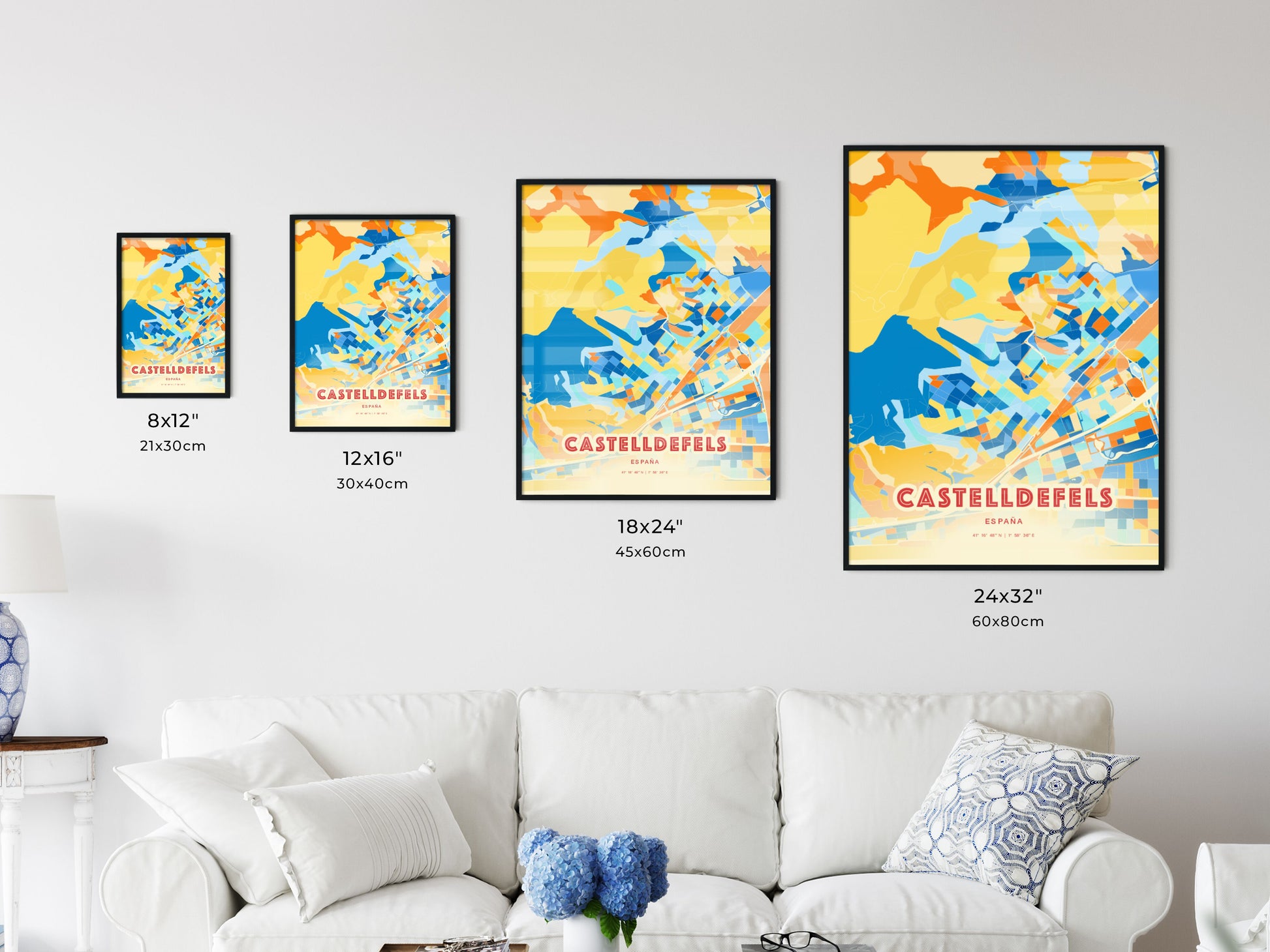 Colorful CASTELLDEFELS SPAIN Fine Art Map Blue Orange