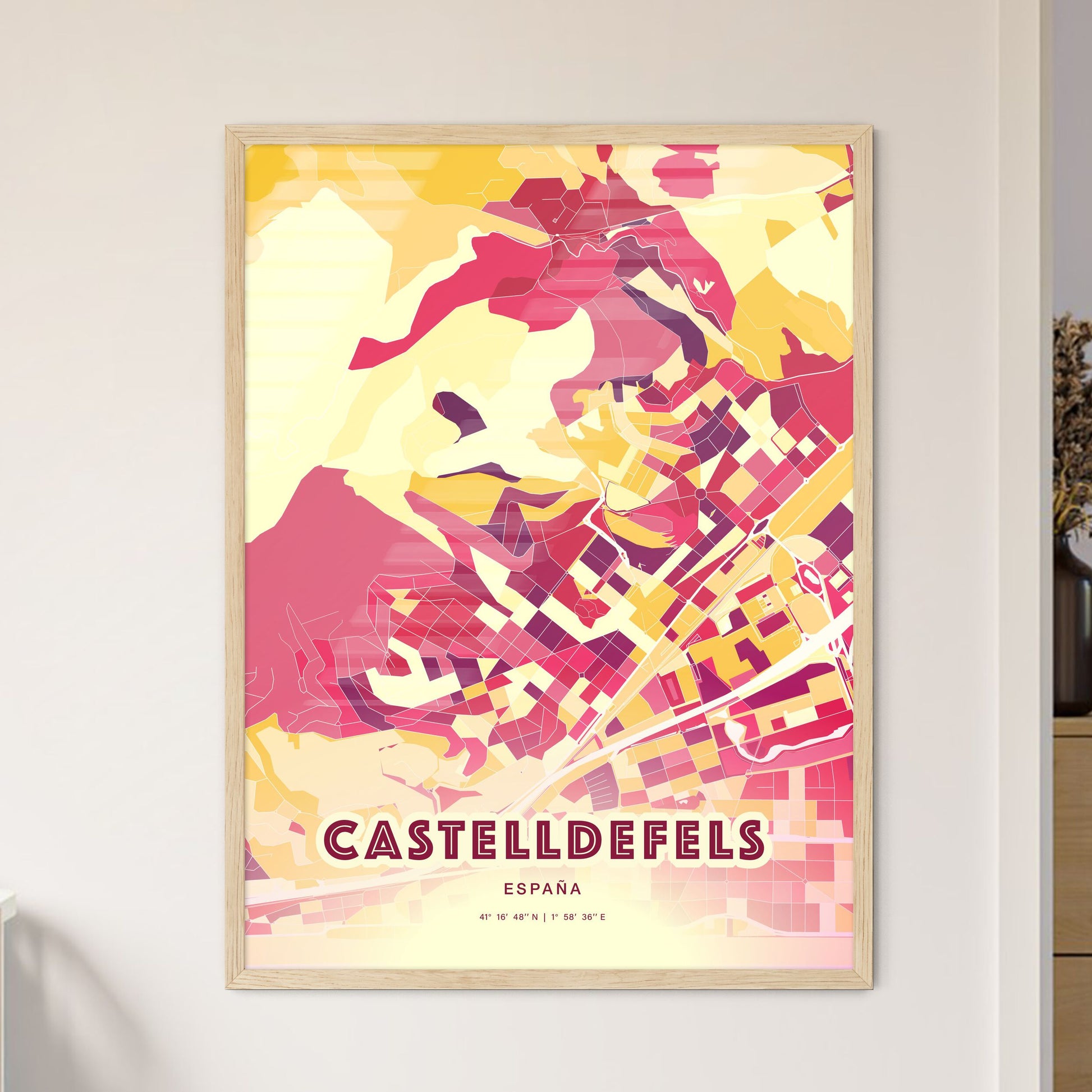 Colorful CASTELLDEFELS SPAIN Fine Art Map Hot Red