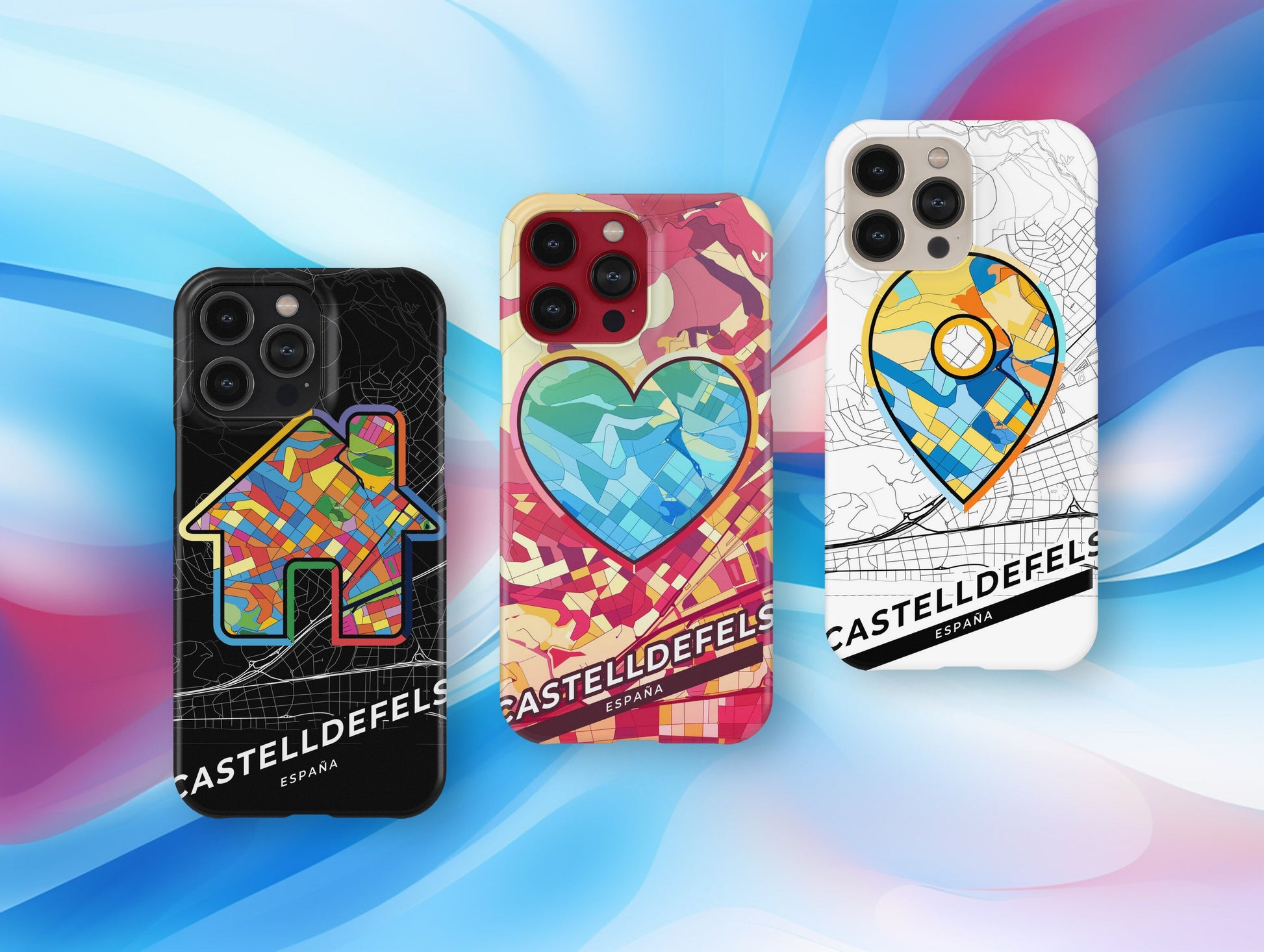 Castelldefels Spain slim phone case with colorful icon. Birthday, wedding or housewarming gift. Couple match cases.